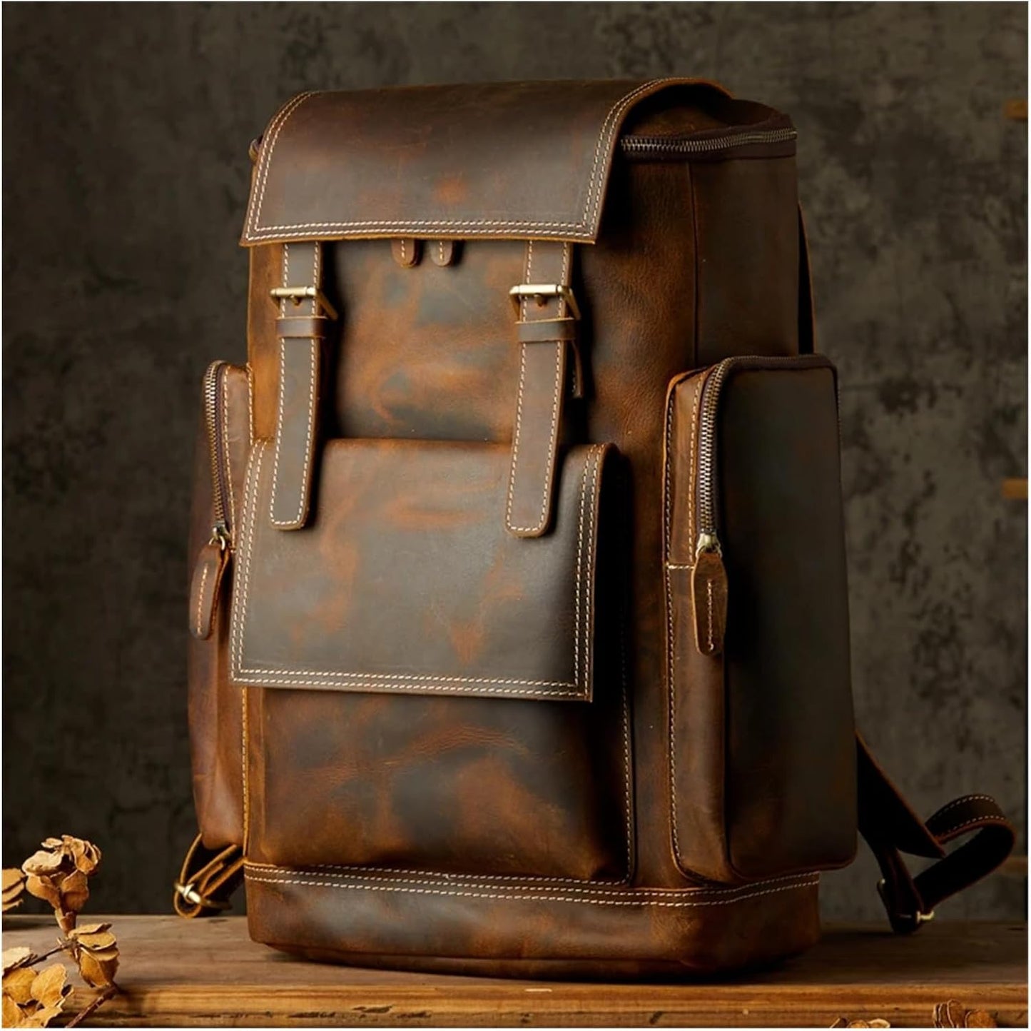Vintage Genuine Leather Backpack for Men Handmade Shoulder Bag Cowhide Travel Bag Large Capacity Mens Retro Laptop Bag(Brown)