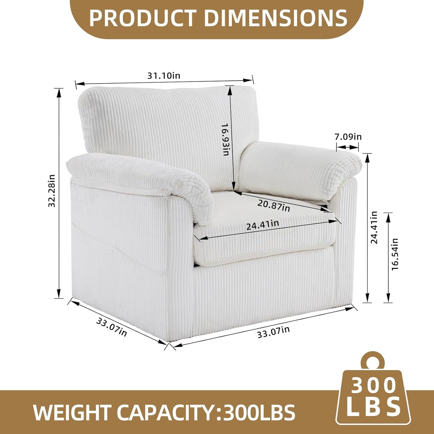 Accent Chair Set of 2, White Corduroy | Compact 360° Swivel for Small Spaces, Plush Deep-Cushioned Reading Chair