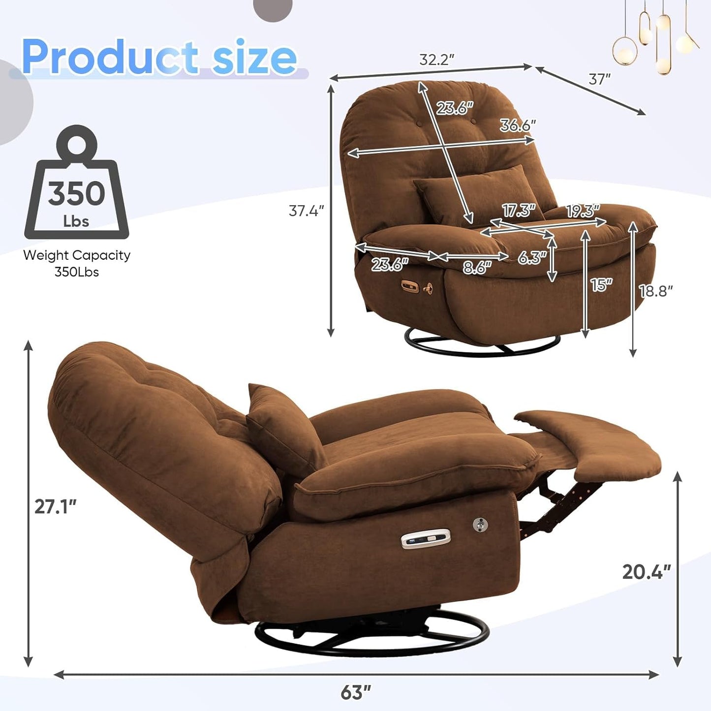Smart Oversized Electric Recliner Chair, 360° Round Swivel Rocking Glider Rocker for Adults Modern Comfy Ergonomic Chaise Lounge Indoor, Theater Seating Living Room Chairs Reading, Dark Brown Fabric