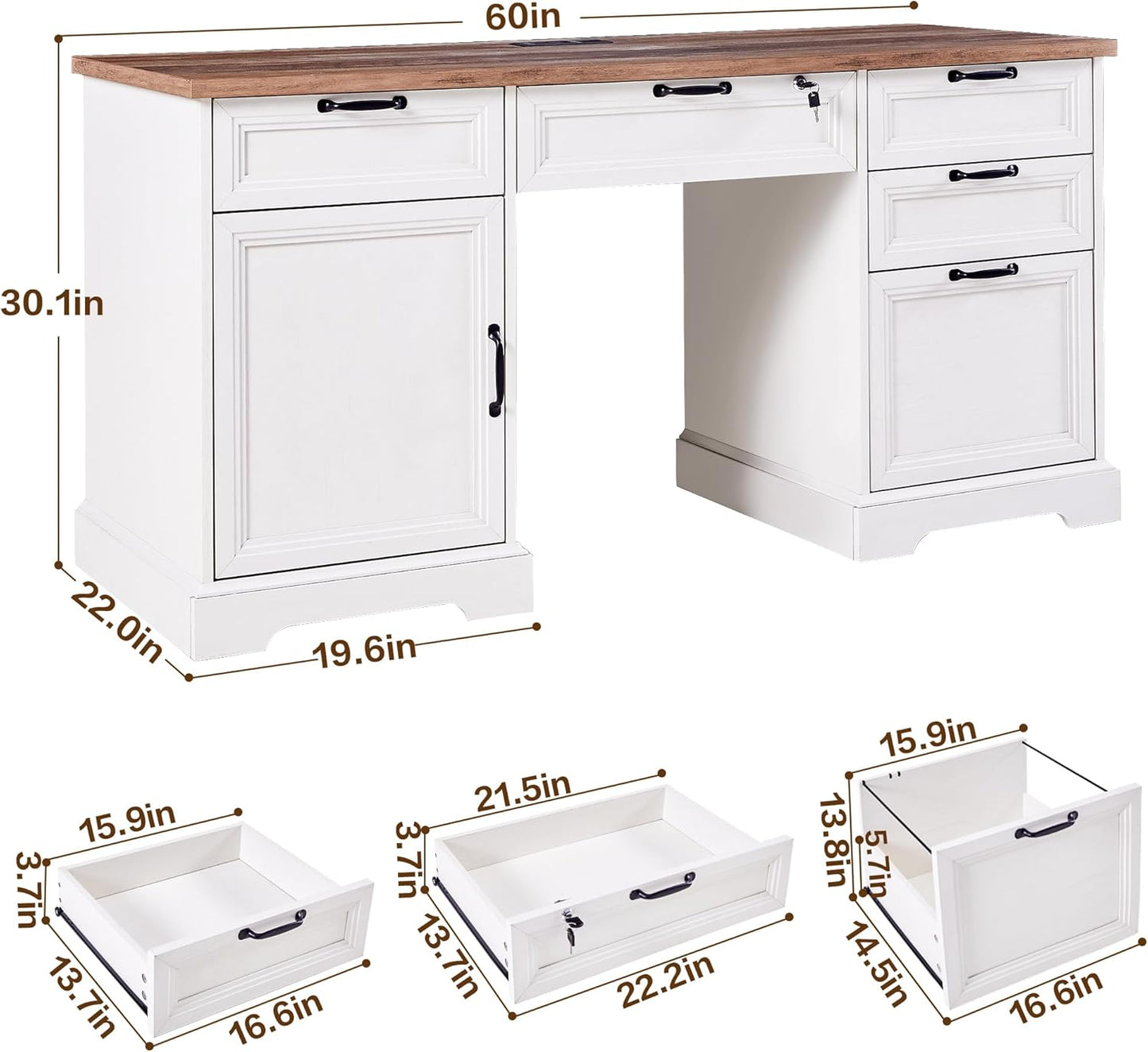 60" Farmhouse Executive Desk with Lock,Home Office Desk with Charging Station,Executive Desk with 4 Drawers & 1 Cabinet&1 File Cabinet for Office and Home