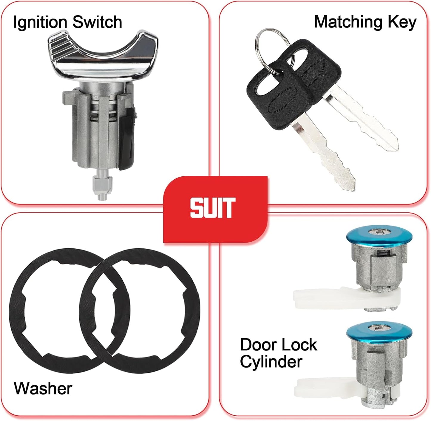 C42150 Ignition Switch Lock Cylinder & Front Door Lock Cylinder w/Key for 90-96 Ford E150 E250 E350 F150 F250 F350 Mustang Bronco Taurus/Mercury Sable Replaces# C-42-150 DP-42-122 F3UZ1522050D