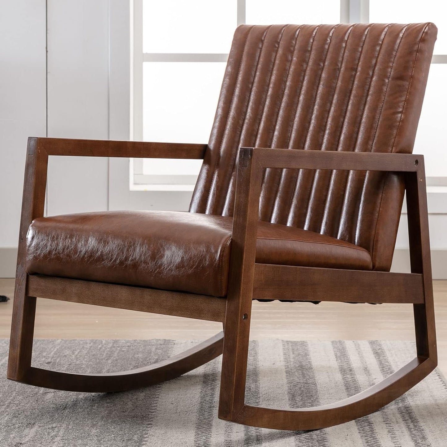 VESCASA Upholstered Linen Rocking Chairs with Channel-Tufted Back, Mid-Century Modern Comfy Rockers with Light Walnut Wood Frame for Nursery Living Room Bedroom Reading, Set of 2, Grey