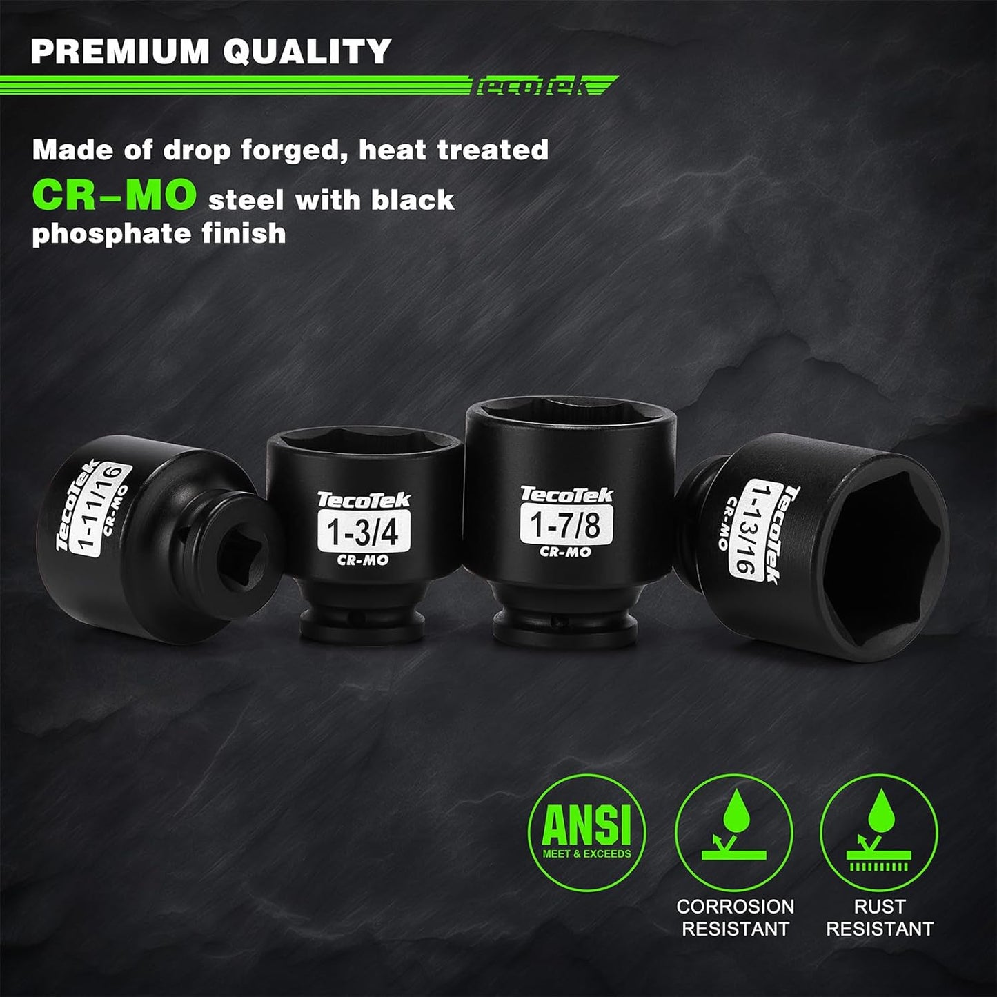 1/2" Drive Shallow 6-Point Impact Socket Set, 16-Piece SAE Spindle Axle Nut Impact Socket Set, Cr-Mo, 1-5/16-Inch to 2-1/4-Inch Size