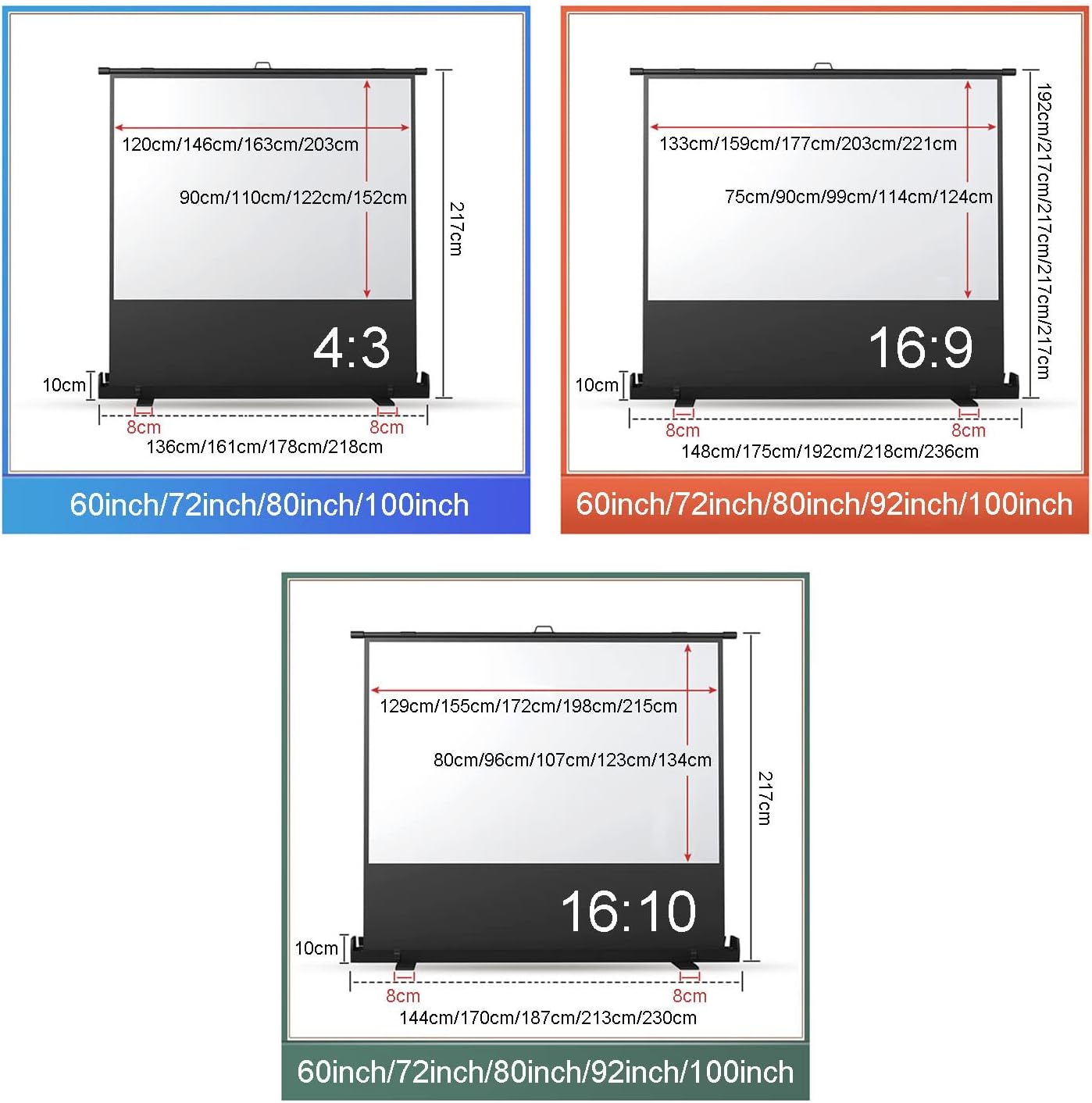 4:3/16:9/16:10 HD Independent Floor-Standing Projection Screen Mobile Portable Projection Screen, Adjustable Screen Height, for Home Theater, Conferences (60 inch 4: 3