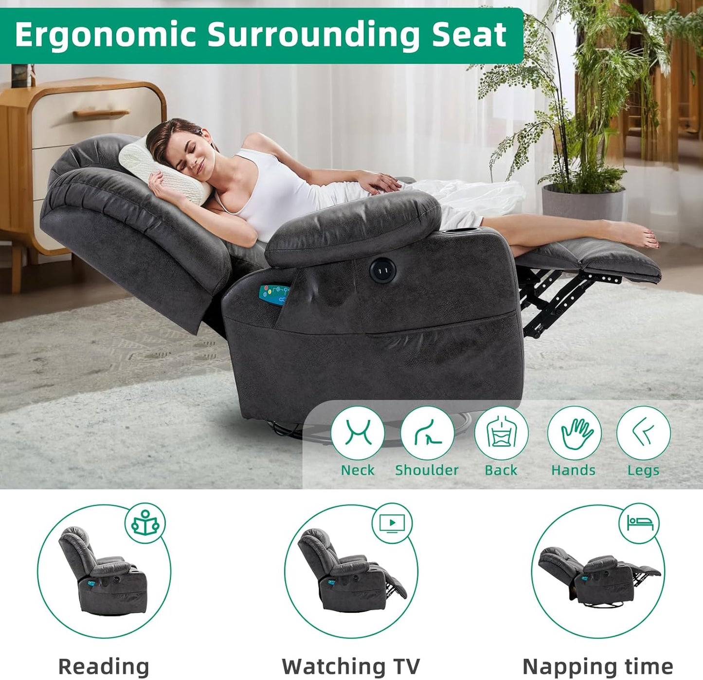 VIVIJASON Manual Swivel Rocking Glider Recliner Chair with Heat & Vibration Massage, 360° Swivel Overstuffed Reclining Chair with 2 Cup Holders, Side Pockets & USB Ports for Living Room, Gray