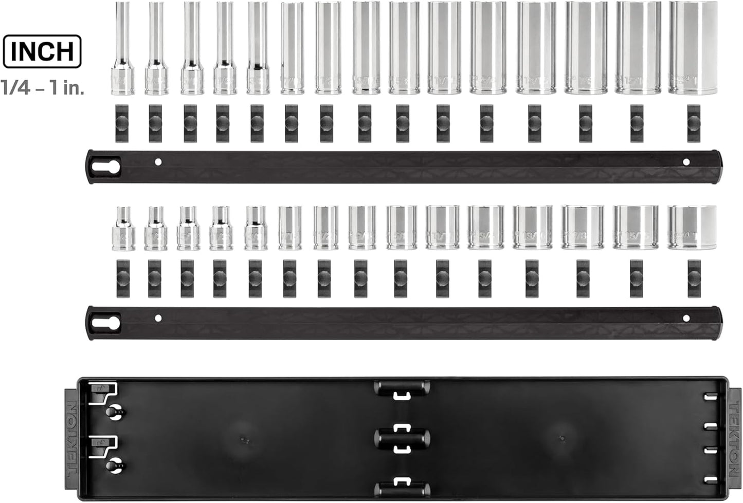 TEKTON 3/8 Inch Drive 12-Point Socket Set with Rails and Tray, 30-Piece (1/4-1 in.) | SHD91210