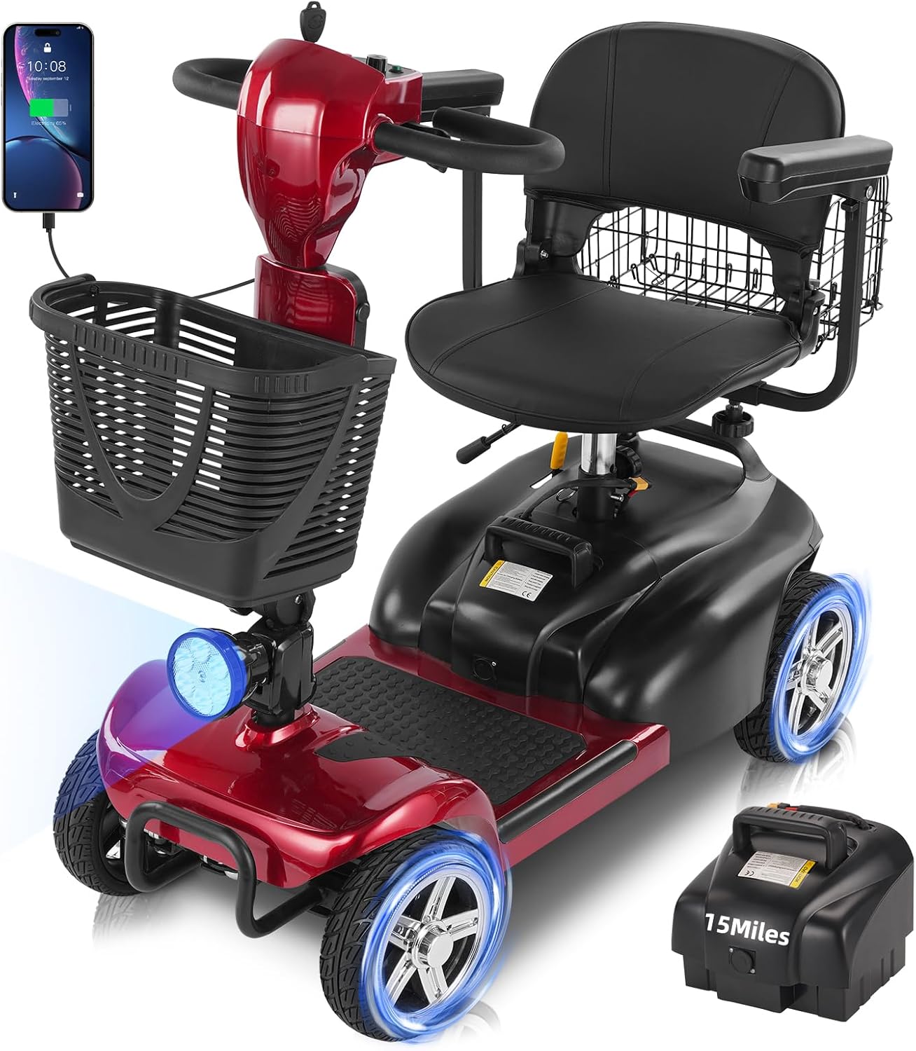 15/30 Miles 4 Wheels Mobility Scooter for Adults&Seniors Up to 300LBS, 350W Electric Powered Wheelchair Device w/Extended Battery, Dual Baskets, Rotating Seat, USB Charging
