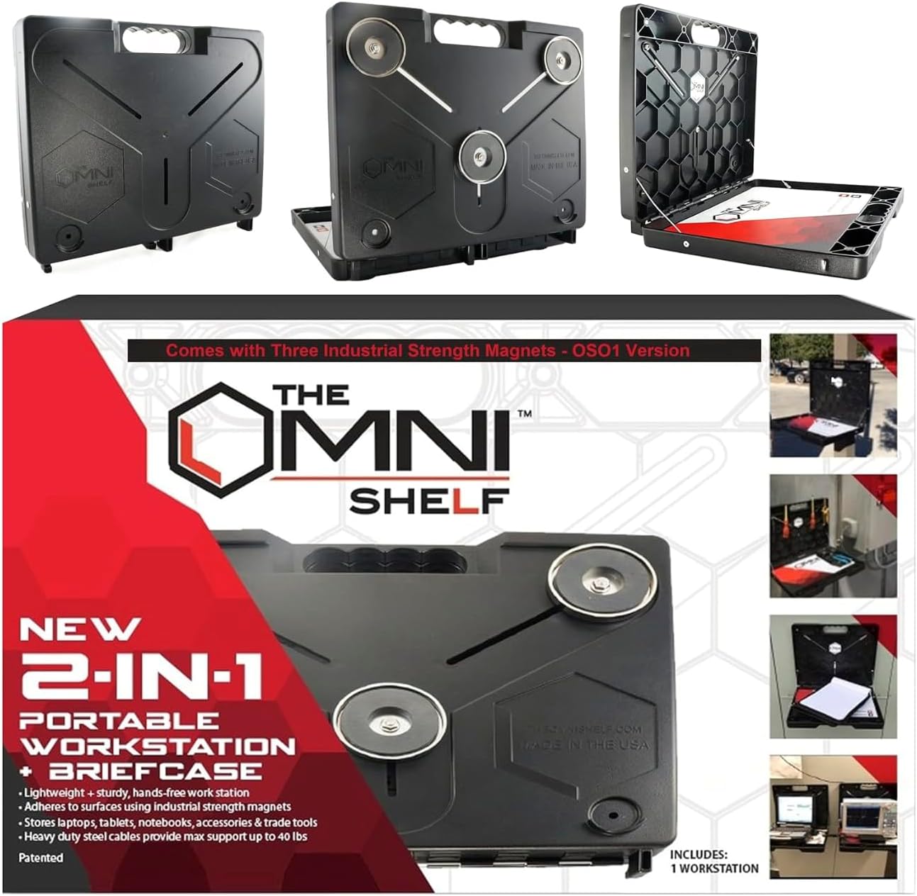 The OmniShelf Portable Workstation, Magnetic Toolbox, Laptop Stand w/ 50 lb Capacity, Hands Free Workstation, Attach to HVAC, Trucks, Walls, Poles etc. (Model # OSO1 - Magnets)