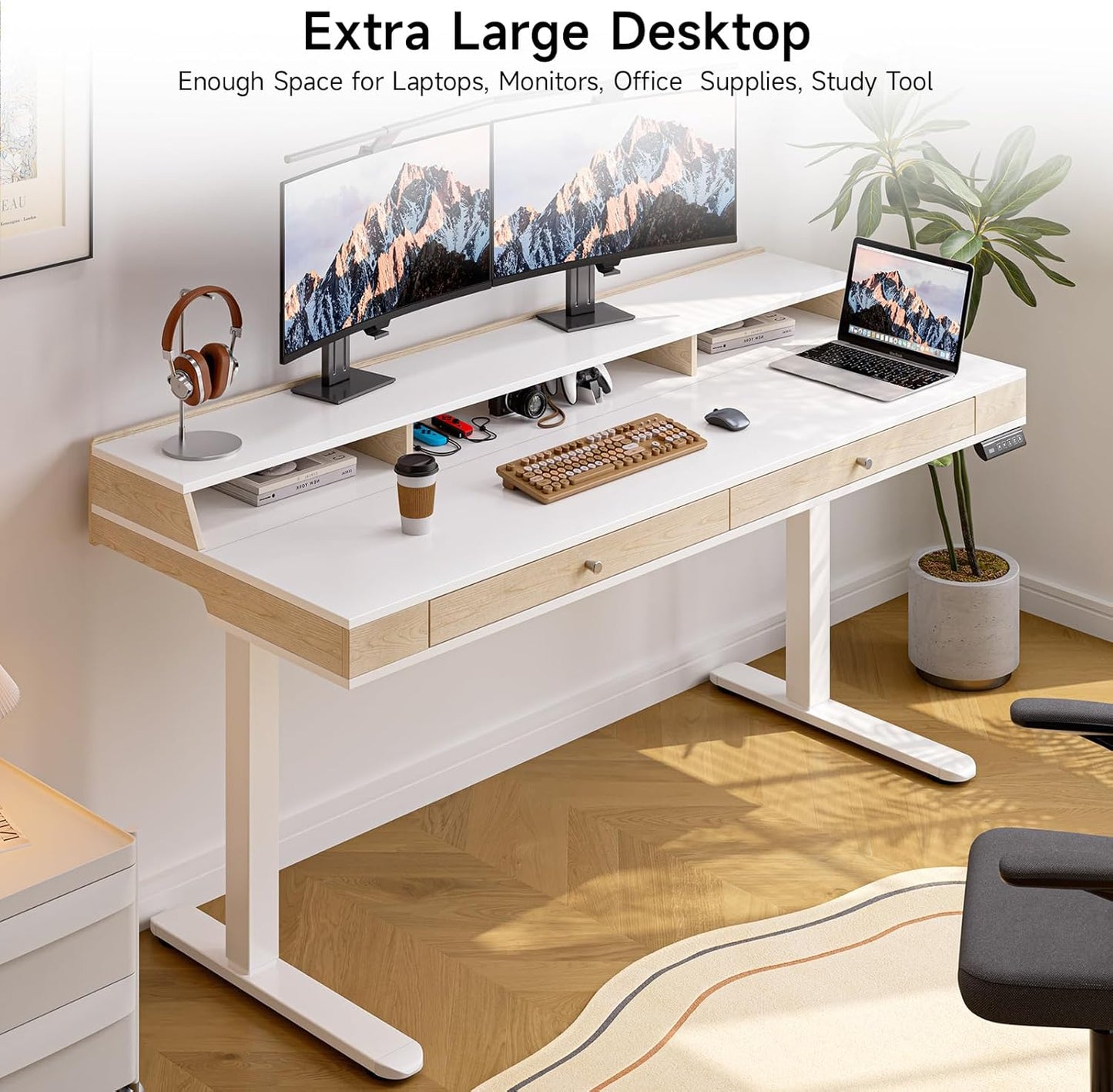 Standing Desk with Drawers, 63x23.6 Inch Electric Stand Up Desk with Storage Shelf and Memory Controller, Sit Stand Desk Adjustable Height from 28-46 Inch for Computer Workstation, White
