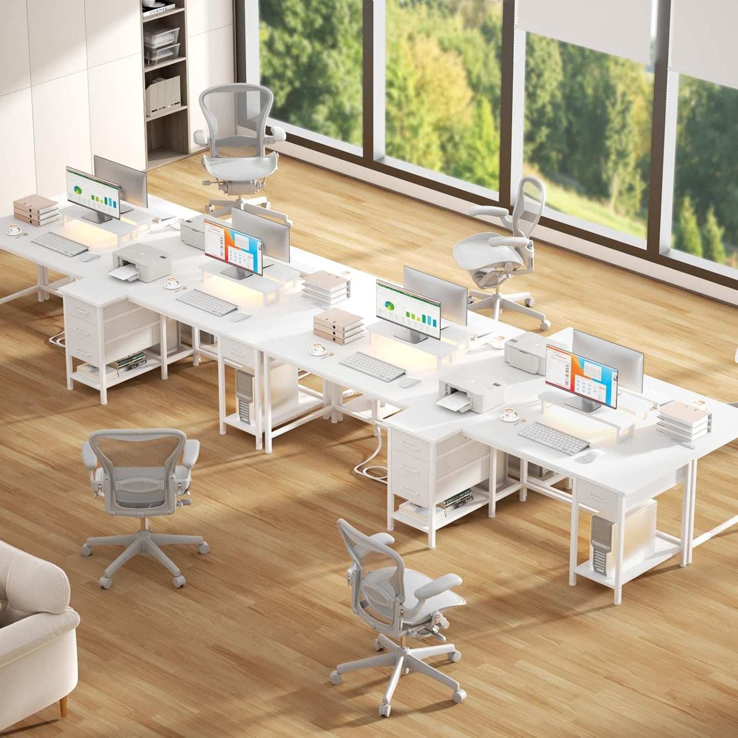 93" White 2 Person Office Desk, Long Computer Gaming Desk with Power Outlets & LED Lights, Large Home Office Desk with 4 Storage Drawers & 2 Monitor Stand for Work Writing Study