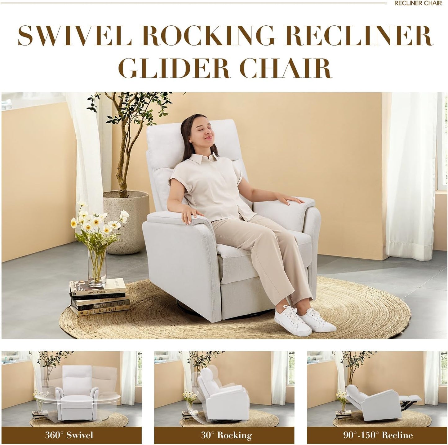 Swivel Rocking Recliner Glider Chair, Upholstered Fabric Reclining Rocker Chair with Footrest for Nursery, Living Room, Bedroom-White