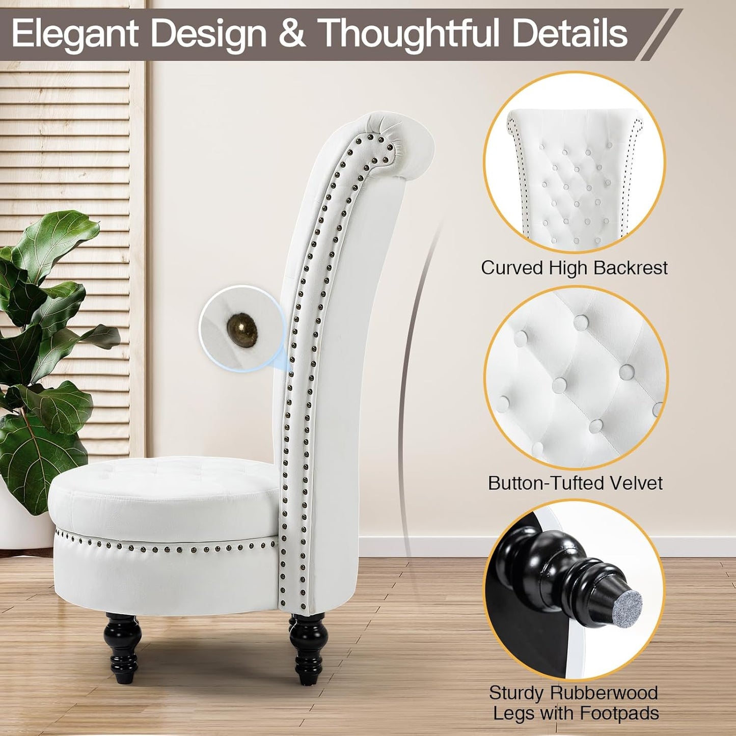 AVAWING High Back Throne Chair Set of 2, Velvet Royal Accent Chair with Button-Tufted Back,Armless Gothic Chair w/Storage, Nailhead Trim Design & Rubber Wood Legs for Living Room & Bedroom, White