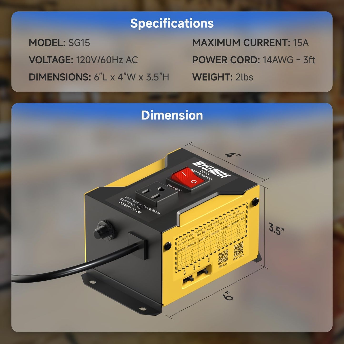 Soft Start Switch SG15 Heavy Duty Universal for Power Tools, Miter Saw, Table Saw, Grooving Machines, Grinder, Planer etc. (120V, 15A Max. 1800W)