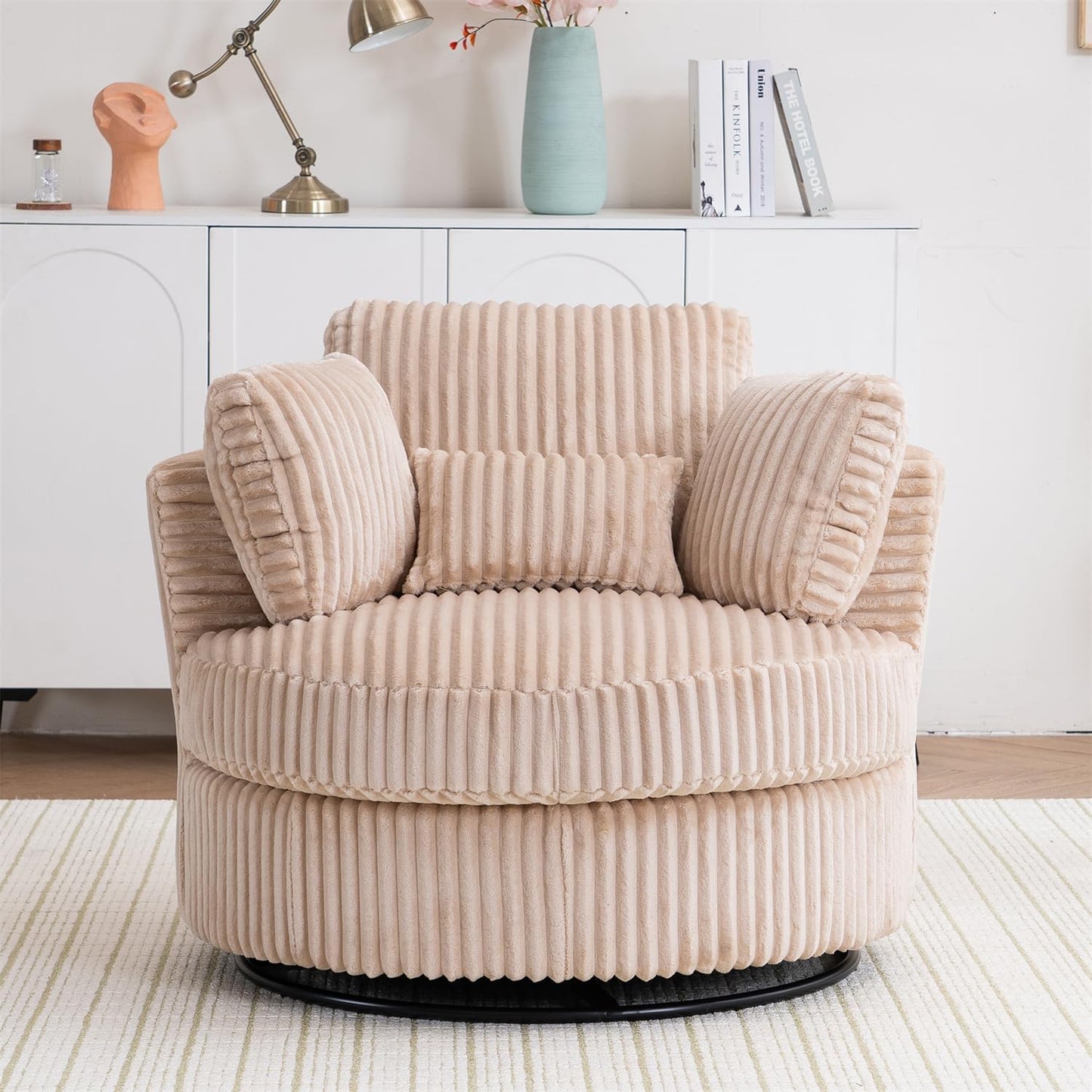 Swivel Barrel Chair with Pillows and Cushions,Corduroy Round Chair with Metal Base for Living Room (White)