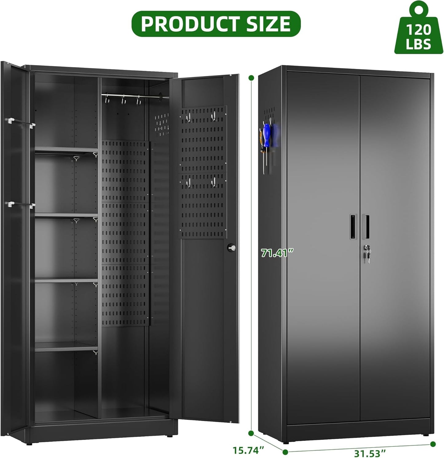 Aobabo Black Metal Cleaning Tool Storage Cabinet with Lockable Door with Keys, 71.41" H×31.53" W×15.74" D, Adjustable Shelves, Pegboard, 13 Hooks, Broom Closet Storage Cabinet for Janitorial Supplies