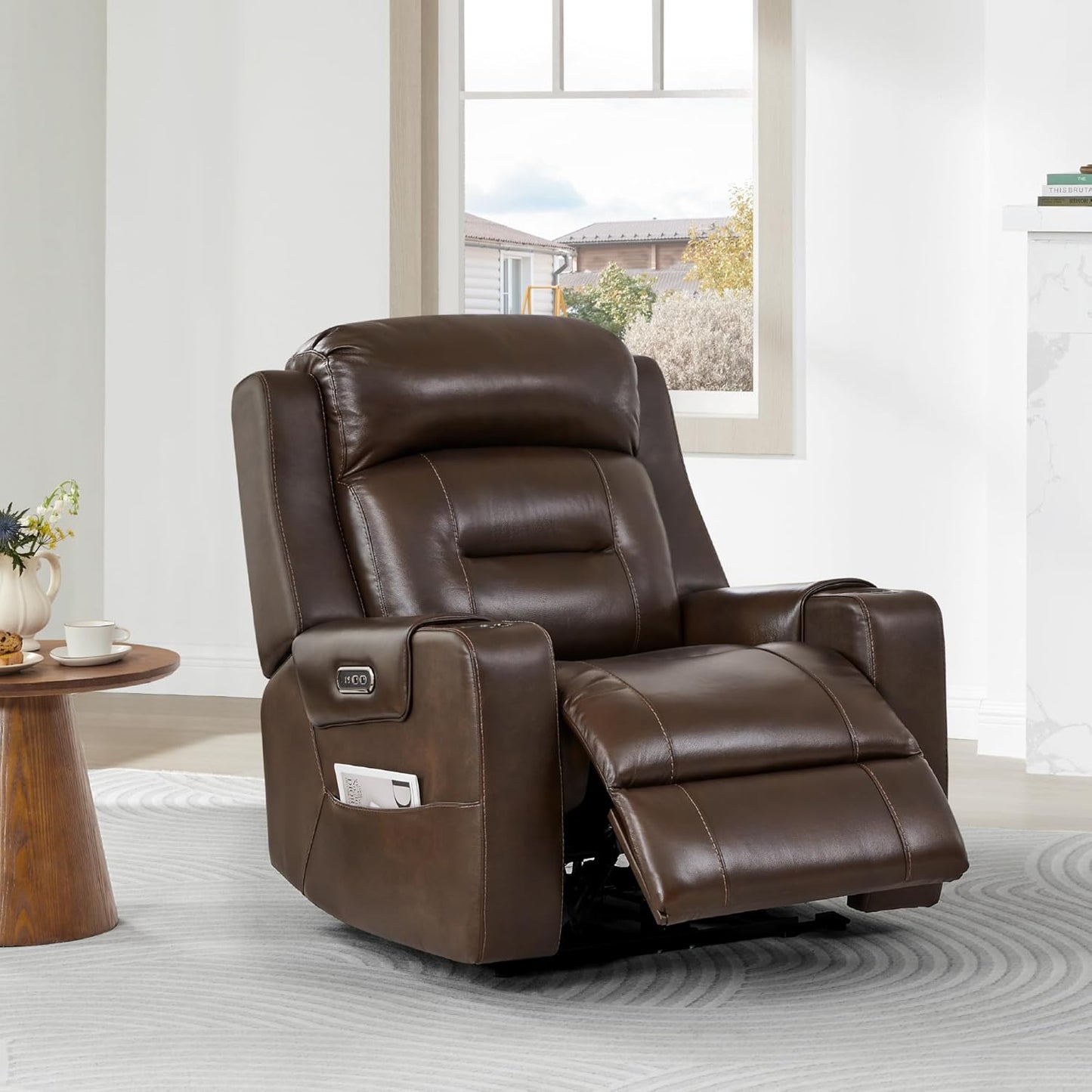 Watson & Whitely Genuine Leather Power Recliner Chairs for Adults, Lay Flat Recliner with Power Headrest, USB Ports and Cup Holders, Electric Reclining Sofa for Living Room, Bedroom, Dark Brown