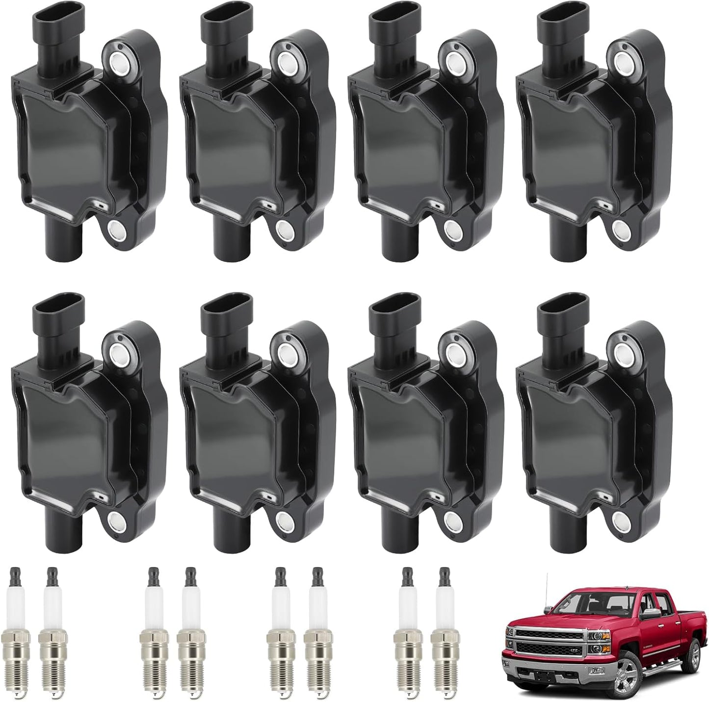 Set of 8 UF414 Round Ignition Coil Set with 41-962 Spark Plugs & 12192192 748UU Spark Plug Wires Set, Compatible with Chevrolet Chevy GMC 1500 2500 3500 4.8L 5.3L 6.0L, Replace C1512 D514A E894 IC534