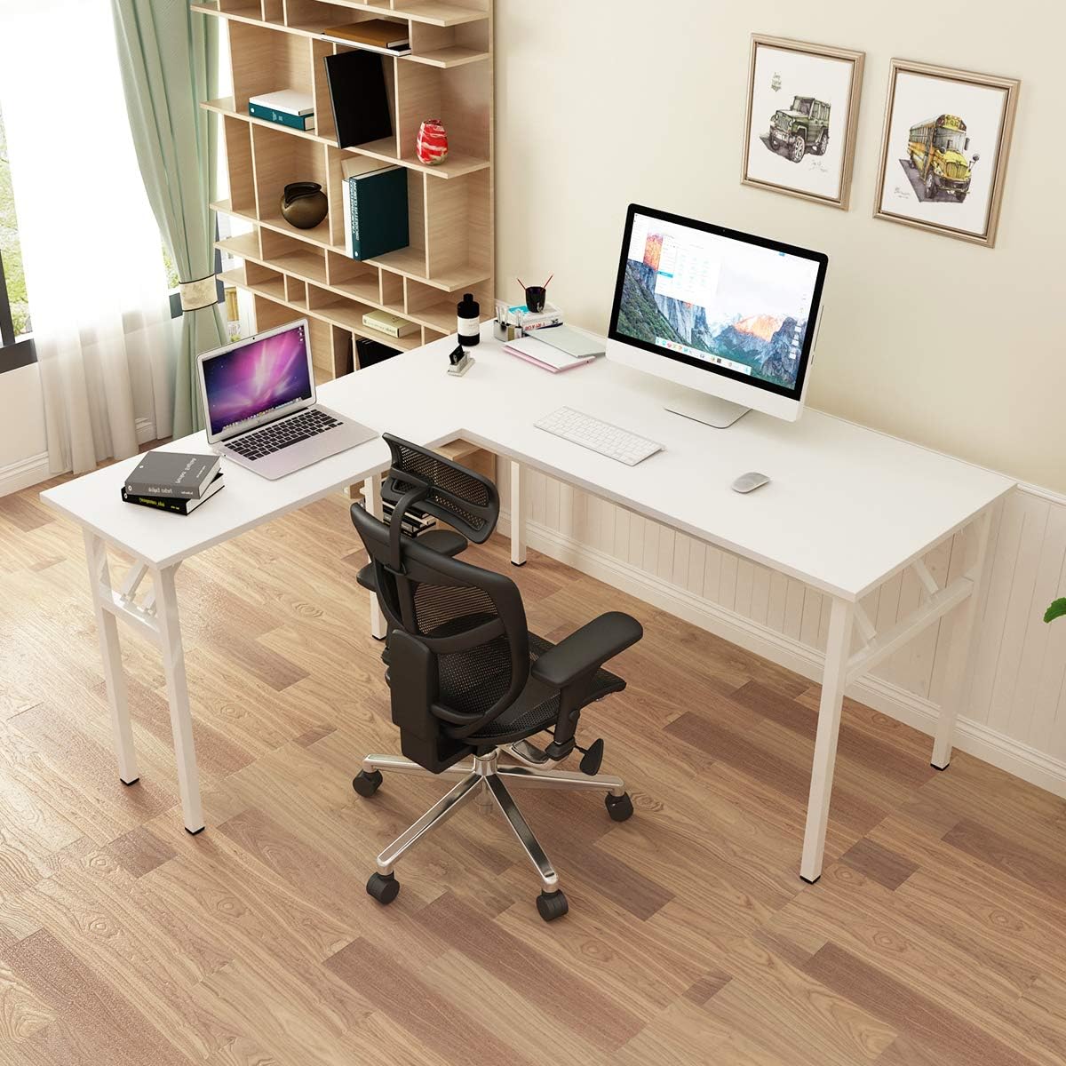 SogesGame 55 × 55 Inches Large L-Shaped Folding Desk,One-Step Assembly,Home Office Desk,Workstation,White,AC11DW-S8-US