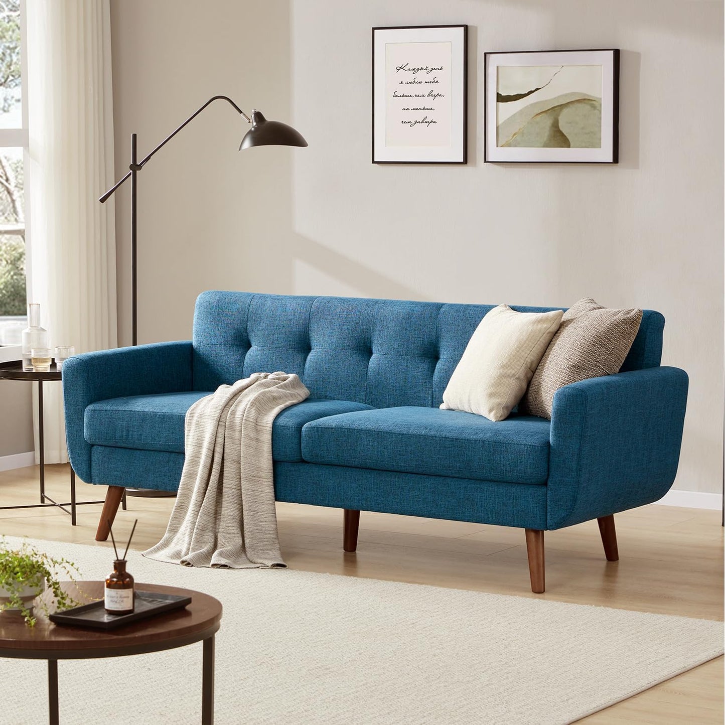 Tbfit 65" W Loveseat Sofa, Mid Century Modern Decor Love Seat Couches for Living Room, Button Tufted Upholstered Small Couch for Bedroom, Solid and Easy to Install Love Seats Furniture, Beige