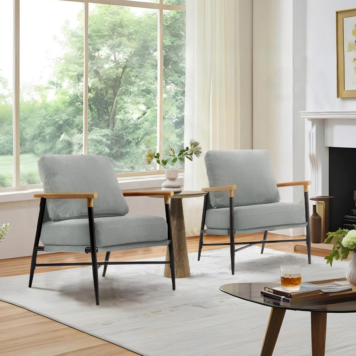 Accent Chair, Upholstered Chenille Living Room Chair with Metal Frame, Mid Century Modern Reading Lounge Sofa Armchair with Removable Cushion for Living Room, Bedroom, Office (Green, Set of 2)