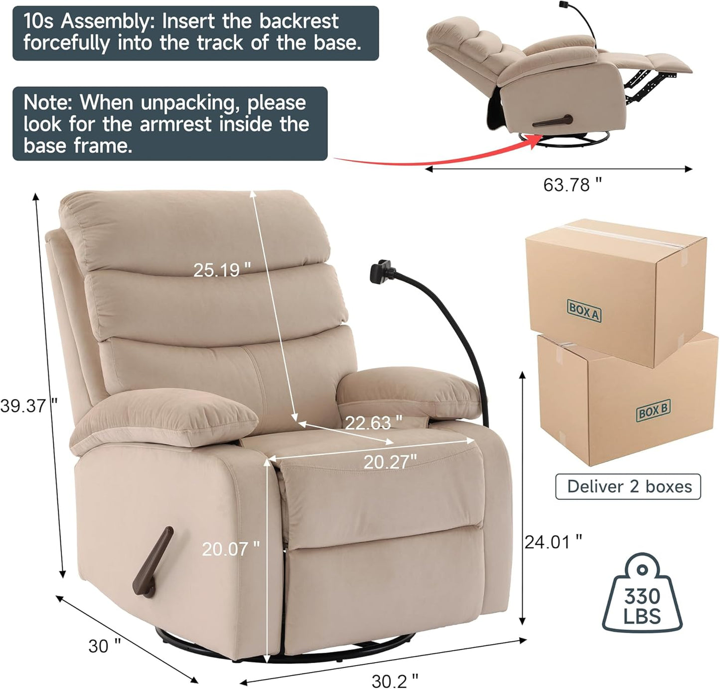 Swivel Rocker Recliner Chair for Adults, Rocking Chair Recliner for Nursery, Small Recliners for Small Spaces, Living Room, RV, Beige
