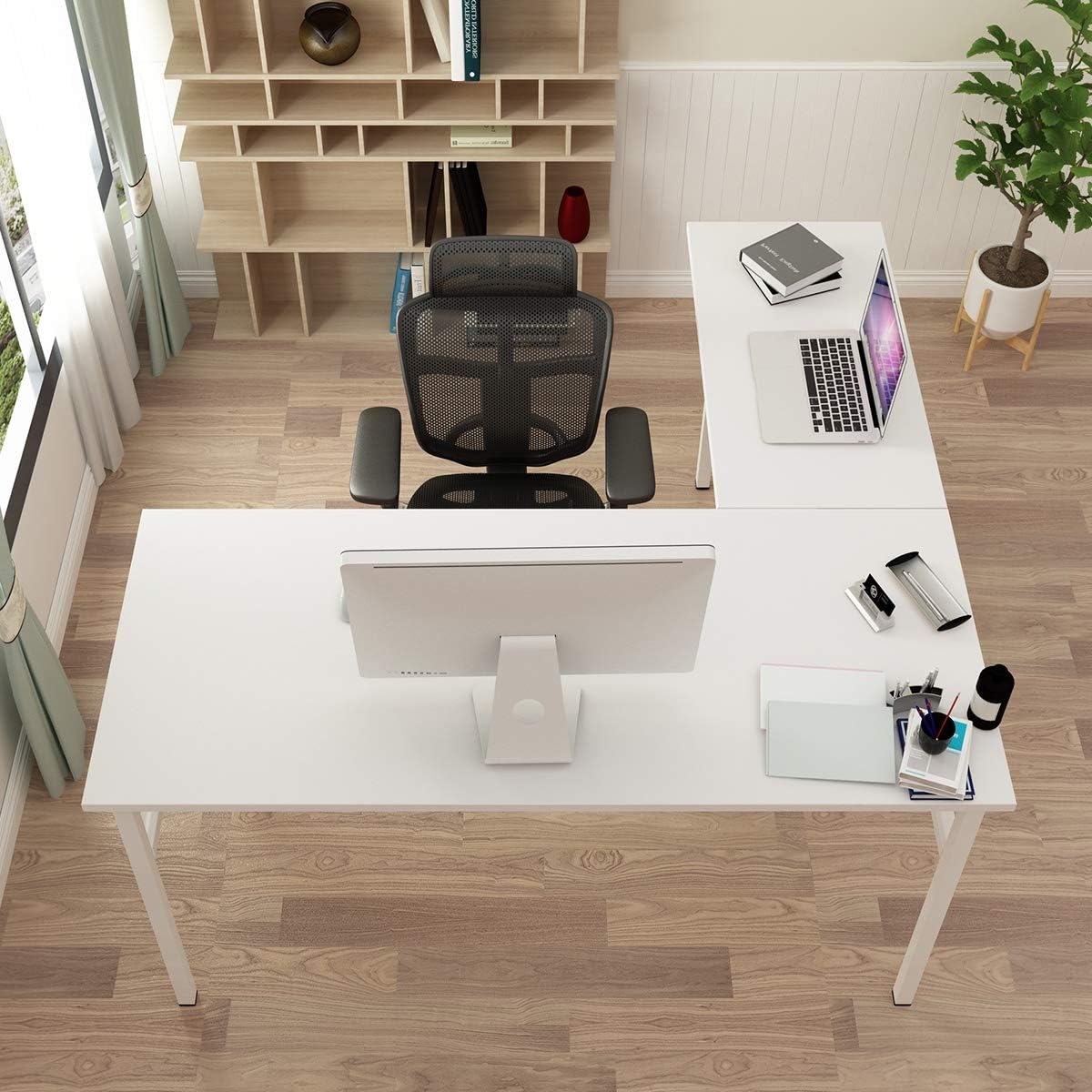 SogesGame 55 × 55 Inches Large L-Shaped Folding Desk,One-Step Assembly,Home Office Desk,Workstation,White,AC11DW-S8-US
