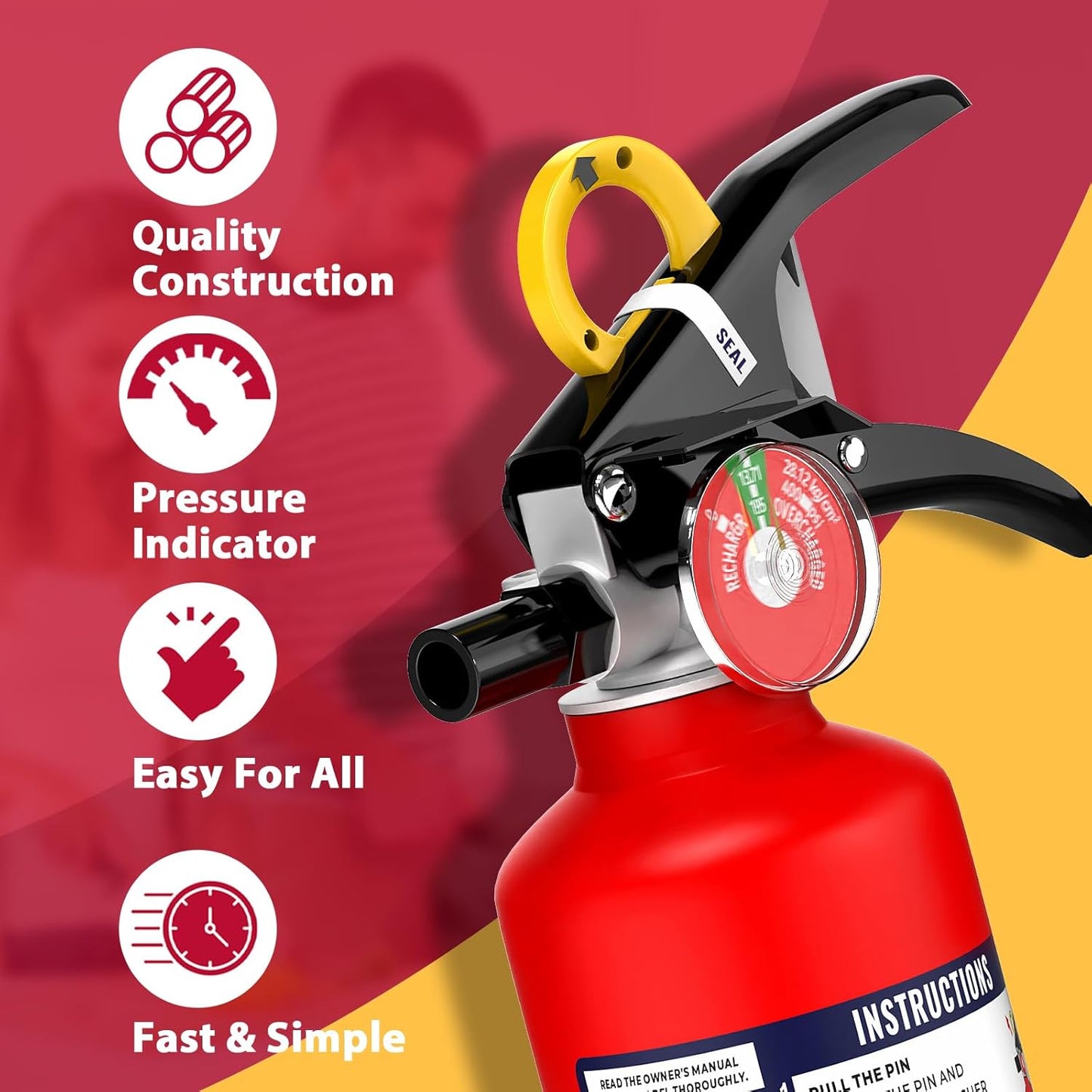 ABC Fire Extinguisher for Home & Vehicle - 2.5 lb 1-A:10-B:C Rated, Dry Chemical Fire Safety with Quick-Release Handle, Certified for Kitchen/Car/Boat Use-Model FF1KG-2Pack