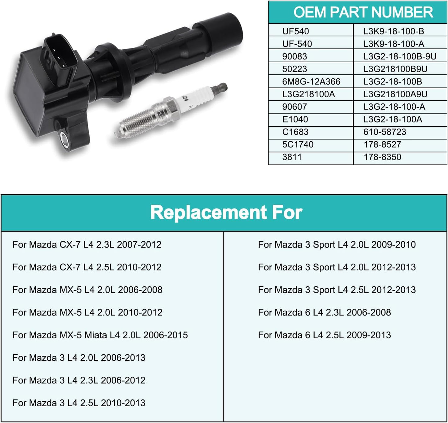 4PCS UF540 Ignition Coil Pack/90083 Spark Plugs 2.0L 2.3L 2.5L For Mazda CX-7 2007-2012,MX-5 Miata 2006-2015,for Mazda 3 6 2006-2013,for Mazda 3 Sport 2009 2010/2012 2013 5C1740 L3G218100