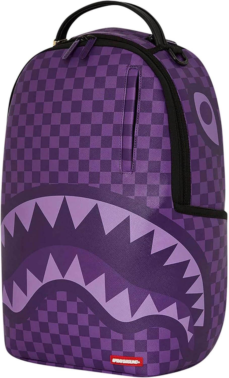 Sprayground Purple Shark Backpack, 18x6x11.5 Inches, Durable Water-Resistant Faux Leather, Laptop Compartment, Ergonomic Padding, Gold Hardware