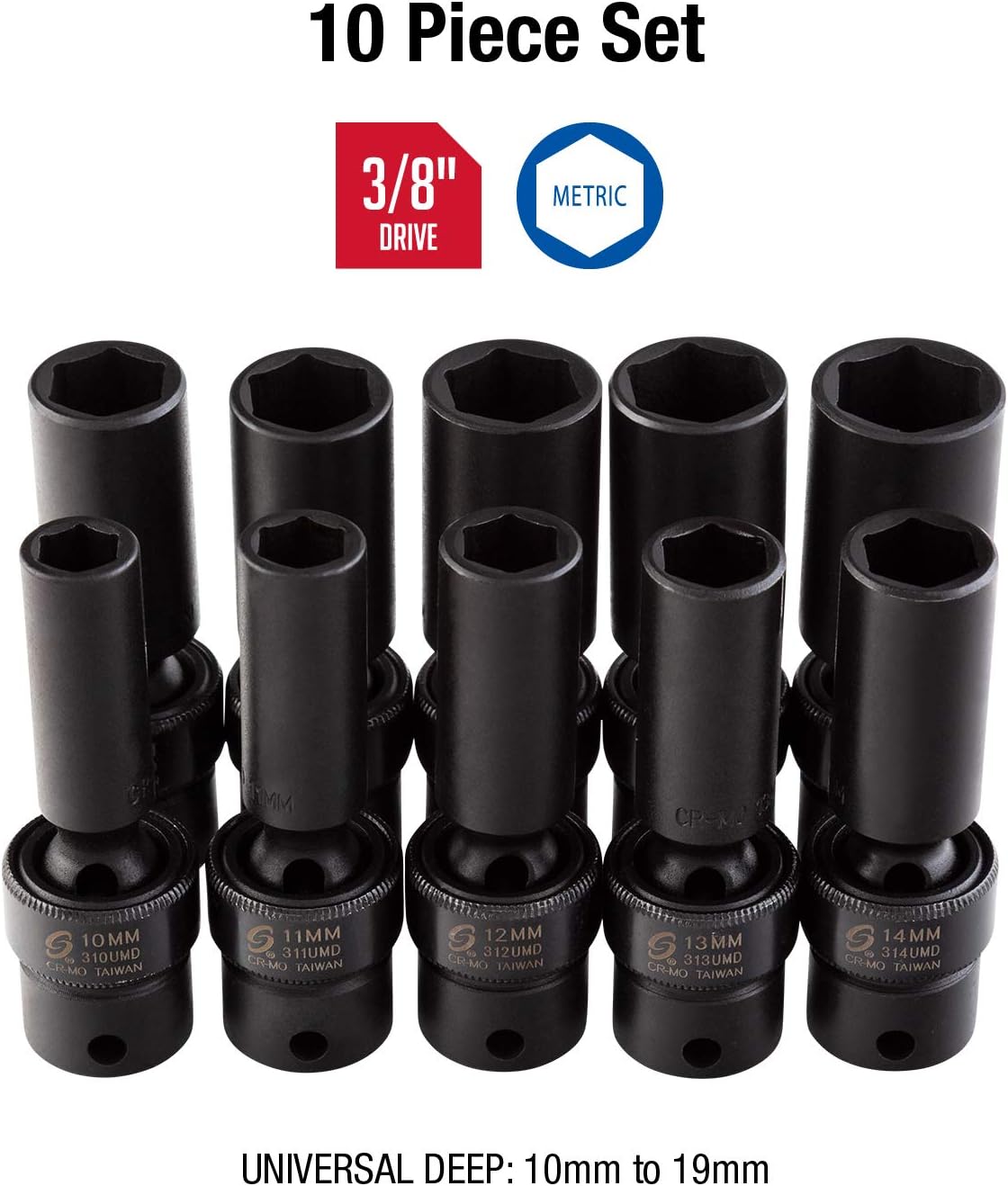 SUNEX TOOLS 3660 3/8-Inch Drive Deep Metric Universal Socket Impact Set, 10-Piece