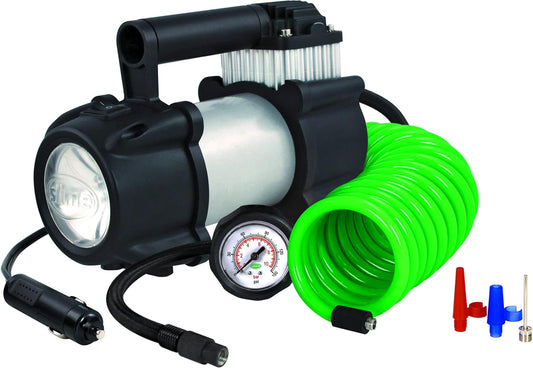 Slime 40031 Tire Inflator, Portable Car, SUV, 4x4 Air Compressor, Pro Power, Heavy Duty, with Analog 150 psi Dial Gauge, Long Hose and LED Light, 12V, 3 min inflation