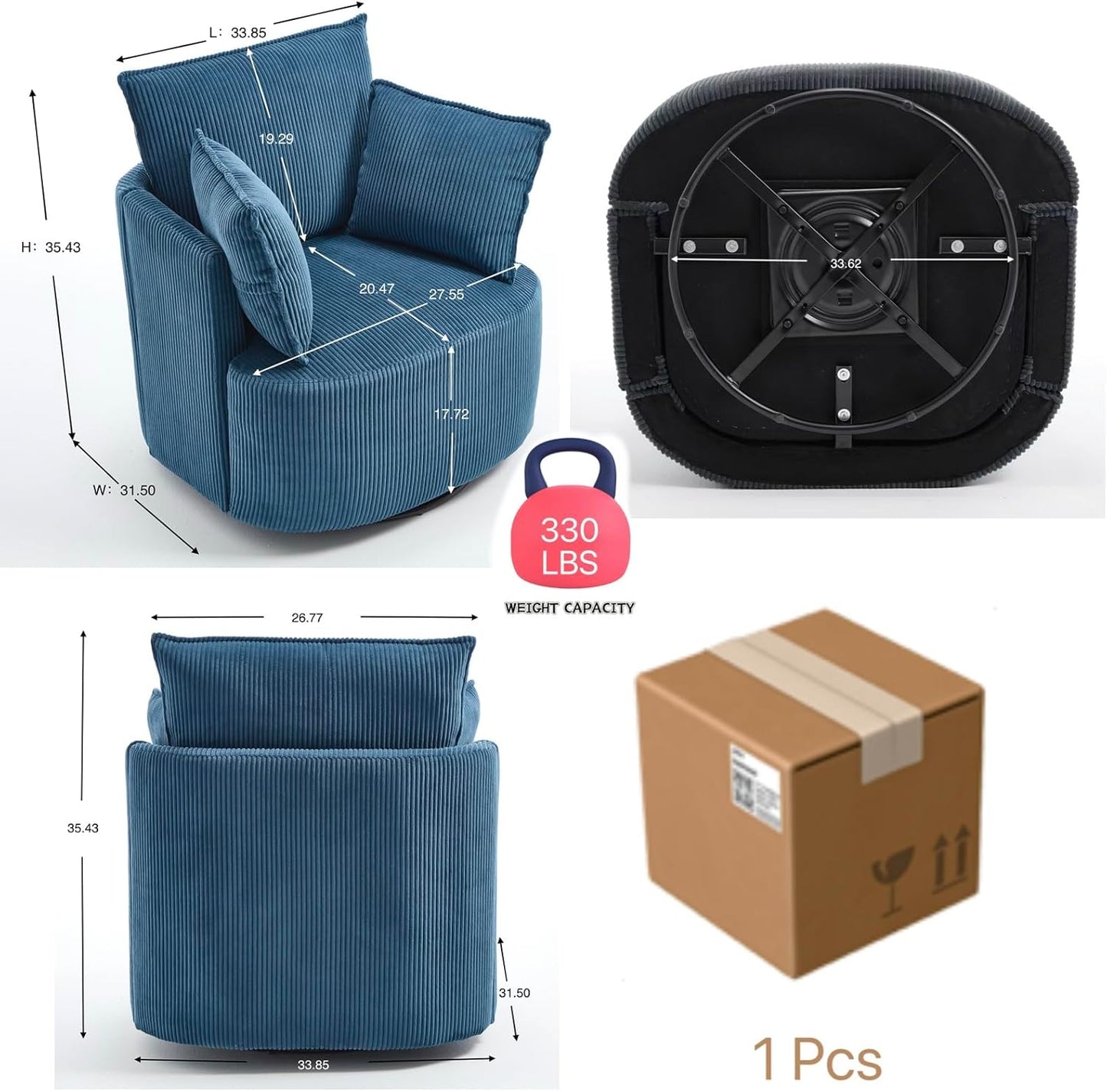 Swivel Accent Chair – Round Swivel Chair for Living Room, Corduroy Barrel Sofa Chair, 360° Rotating Lounge Chair, Easy Assembly(Blue)