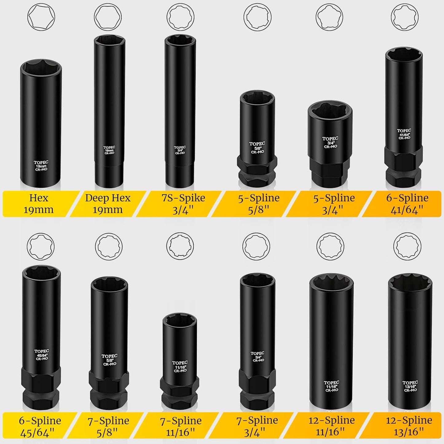 Topec 12PCS Spline Lug Nut Socket Set, Master Lug Nut Key Set of 5, 6, 7, 12 Spline, Wheel Lock Removal Kit for Spike and Hex Lug Nuts, Universal Locking Lug Nut Removal Tool