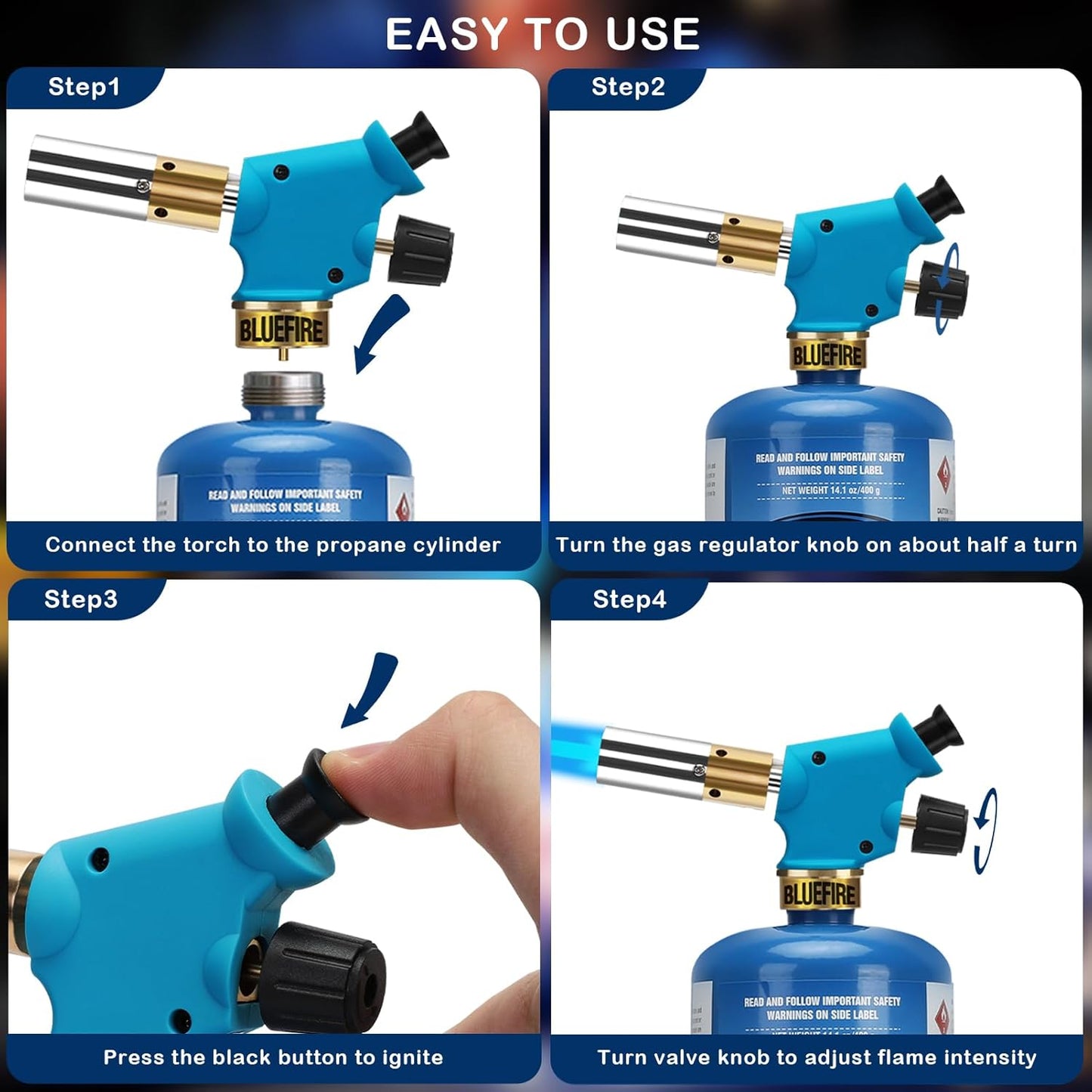 BLUEFIRE Handy Cyclone Torch Kit with Propane Cylinder Push Button Trigger Start Nozzle Head Fuel by Propane MAPP MAP PRO Gas Welding Soldering Brazing Cooking Glass Beads DIY