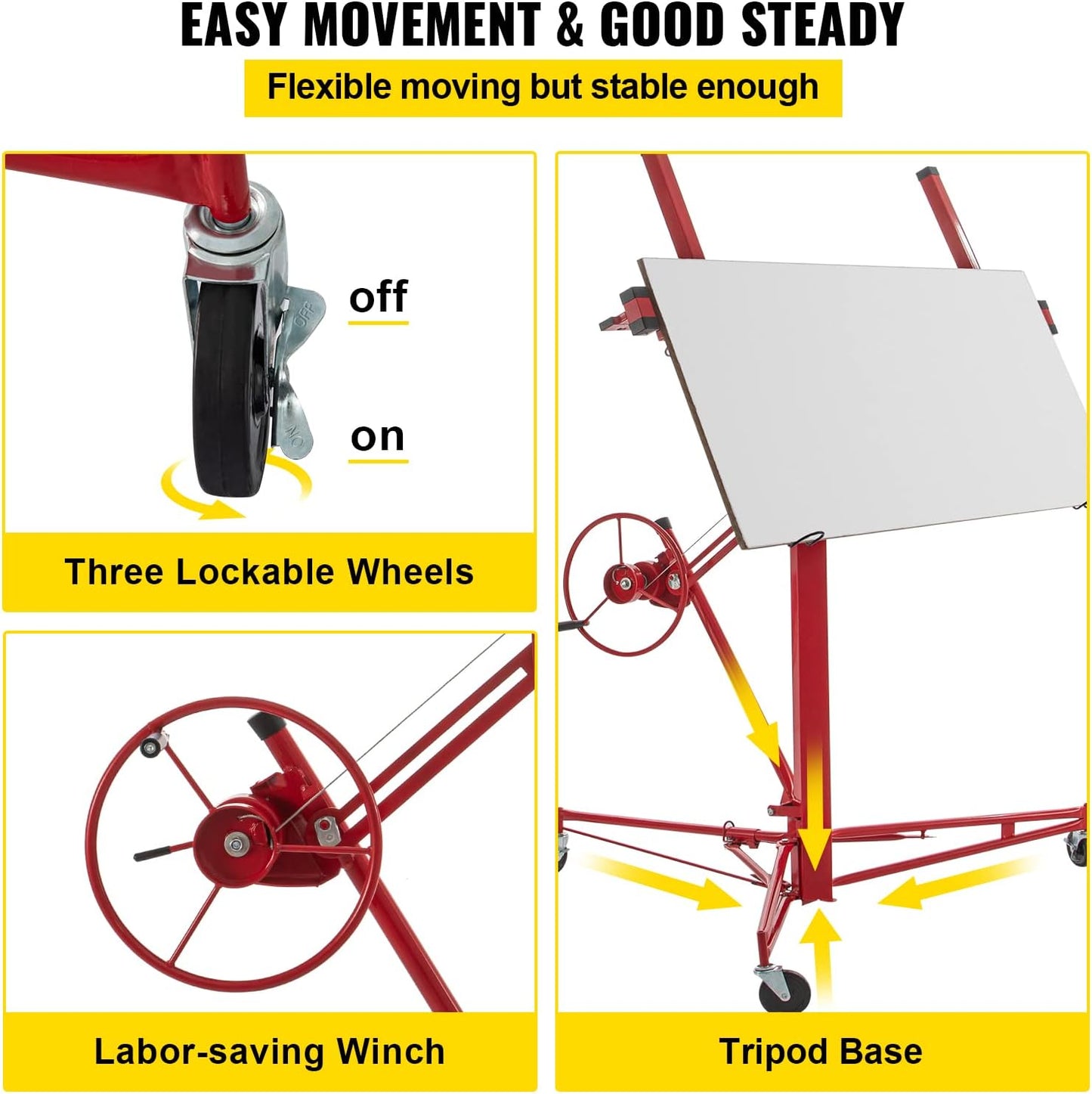 VEVOR Drywall Lift Sheetrock Lift 11FT, Drywall Rolling Lifter Panel, 150lb Weight Capacity Panel Hoist Jack Tool, Steel Material w/Telescopic Arm & 3 Lockable Wheels, 48x192 in Plasterboard Size