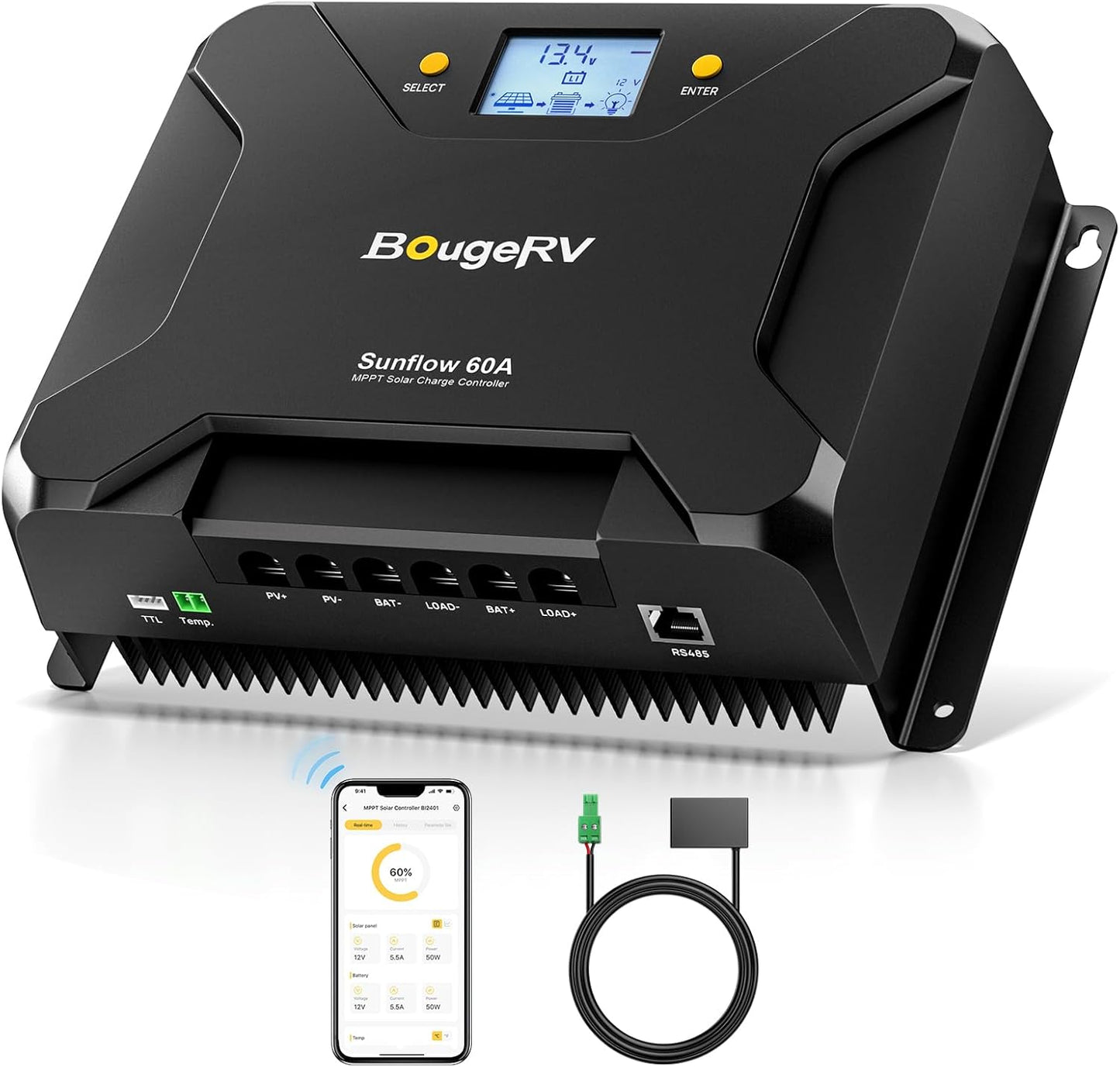BougeRV MPPT Solar Charge Controller 30A, w/ Low-Temp Cut-Off, APP Control, Backlit LCD, 30 Amp Solar Panel Regulator 12V/24V for LiFePO4, SLD, Gel, FLD, AGM Battery, RV, Marine, Upgraded
