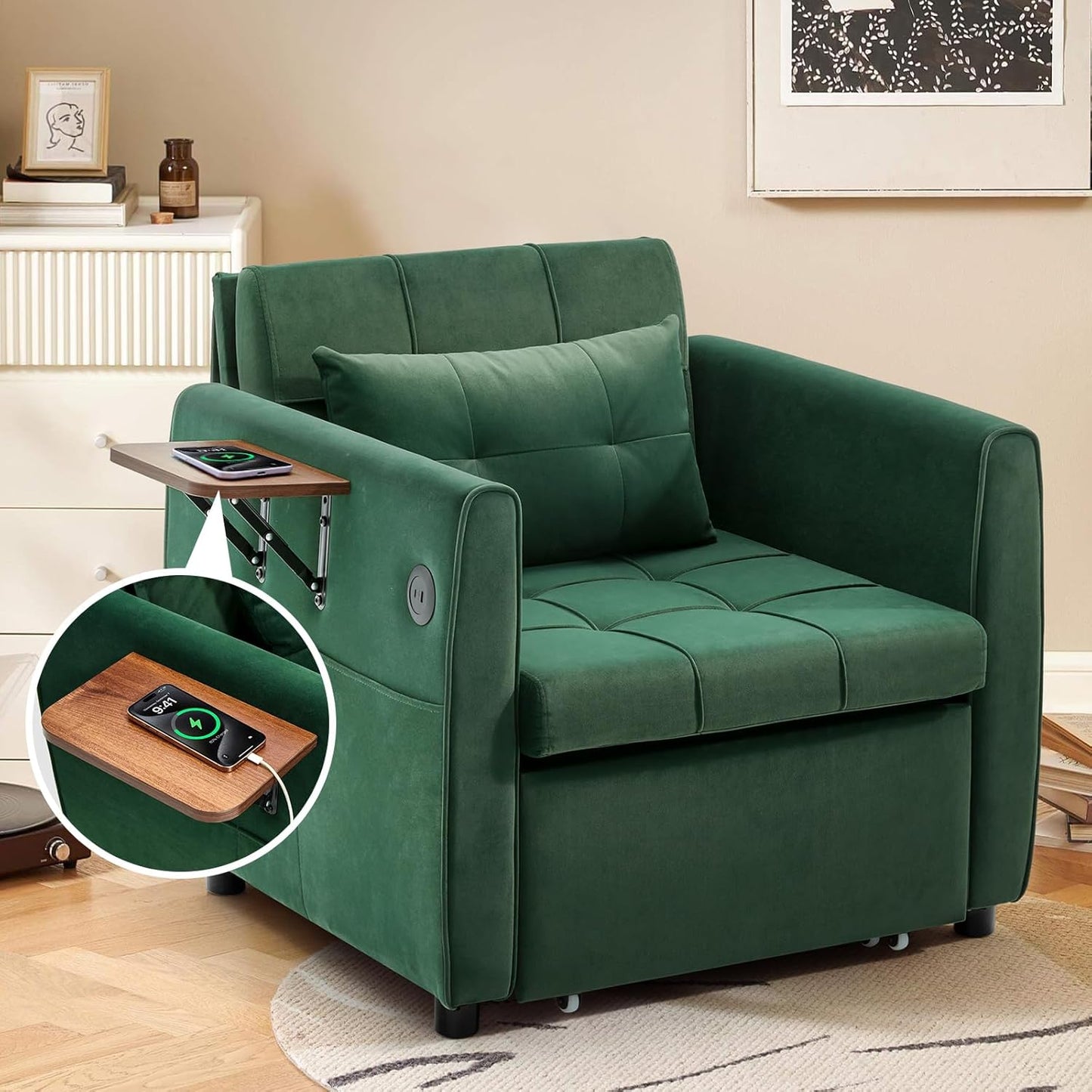 4-in-1 Convertible Sleeper Chair Bed for Adult, 90" Extra Long Pull-Out Sleeper Sofa Bed with Wing Table, USB Charging & Bottom Storage, Single Sleeping Chair for Living Room, Green