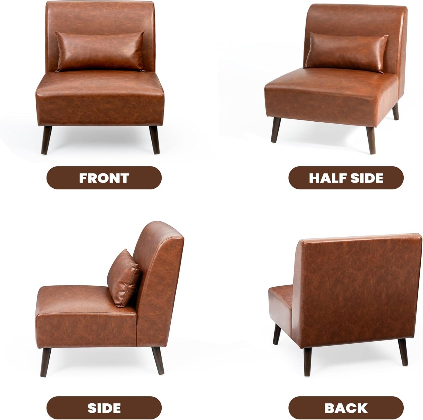Armless Accent Chair for Living Room Mid Century Modern Brown Leather Accent Chair and a Half Oversized Slipper Chair with Pillow for Bedroom