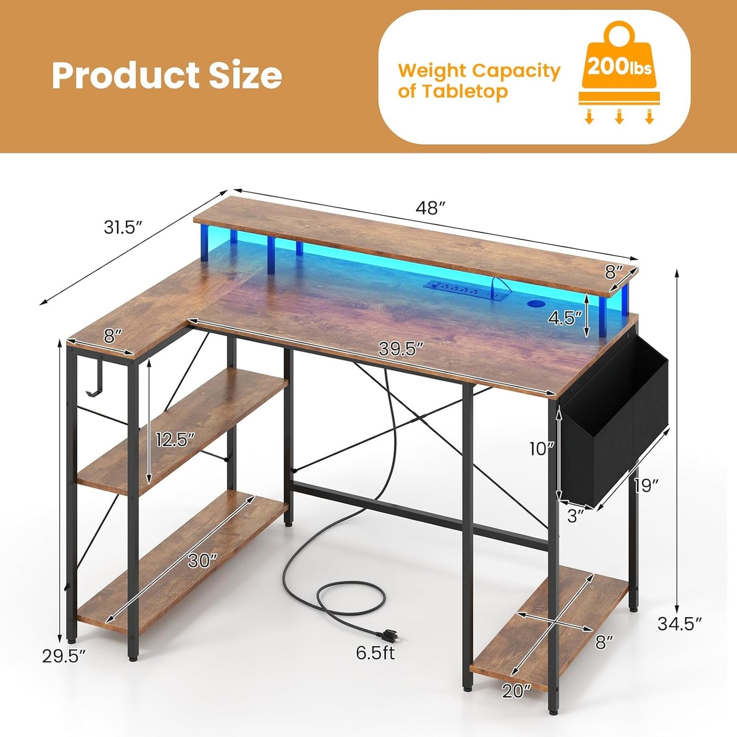 Tangkula L-Shaped Gaming Desk with LED Lights & Power Outlets, 48"/120 cm Computer Desk with Storage Shelves & Monitor Stand, Corner Gaming Desk with Metal Frame, Home Office Desk (Rustic Brown)