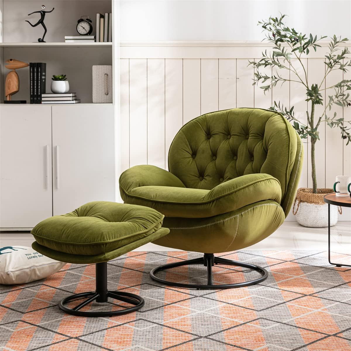 TRIPLE TREE Modern Swivel Accent Chair, Mid-Century Lounge Chair and Ottoman Set, Velvet Upholstered Button Tufted Recliner Chair, Reading Chair with Footrest for Living Room Indoor Bedroom, Black