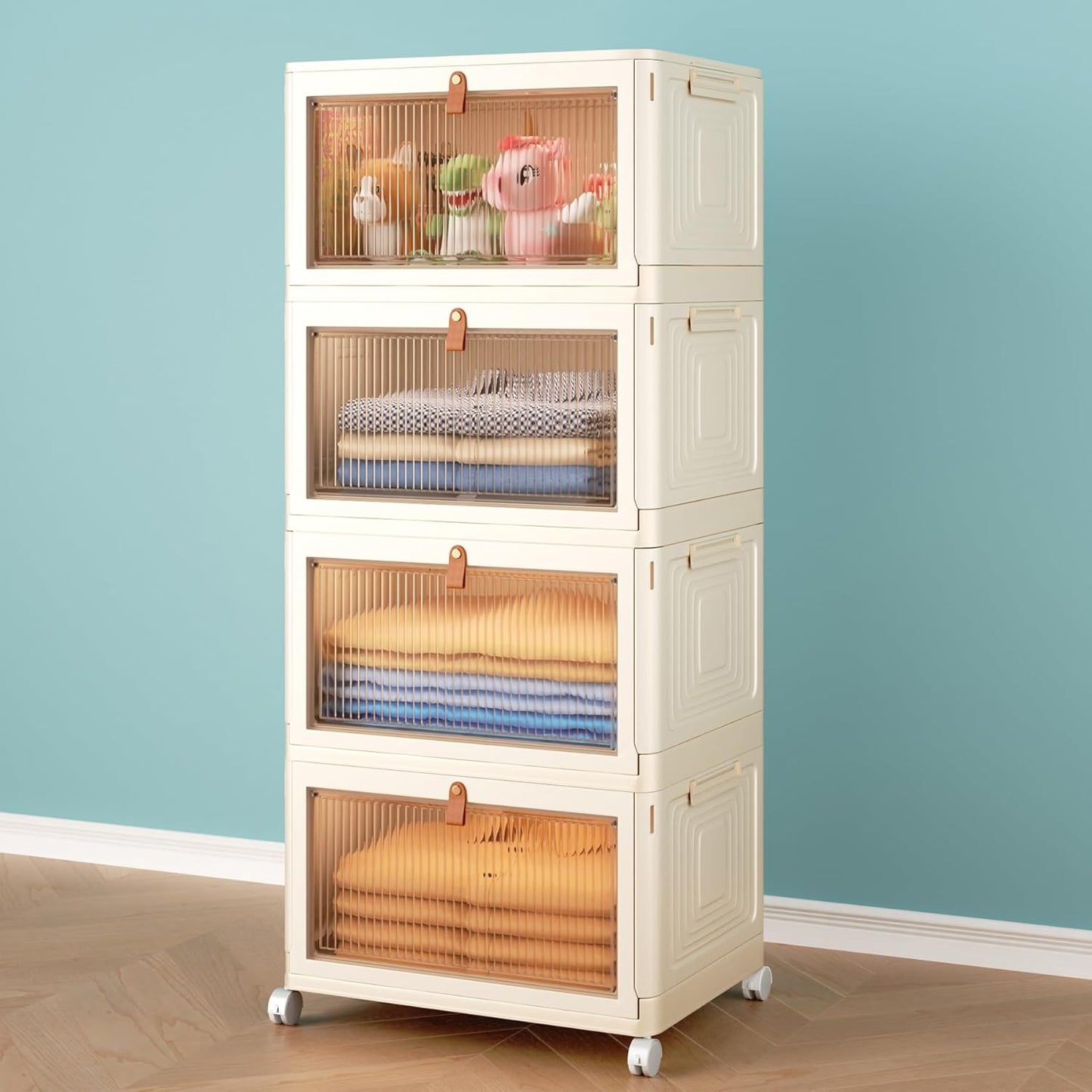 4 Tier Storage Bins with Lids, 23QT Stackable Closet Organizers and Storage with Wheels, Collapsible Storage Boxes, Foldable Plastic Storage Containers for Home,Office, Dorm Room-White