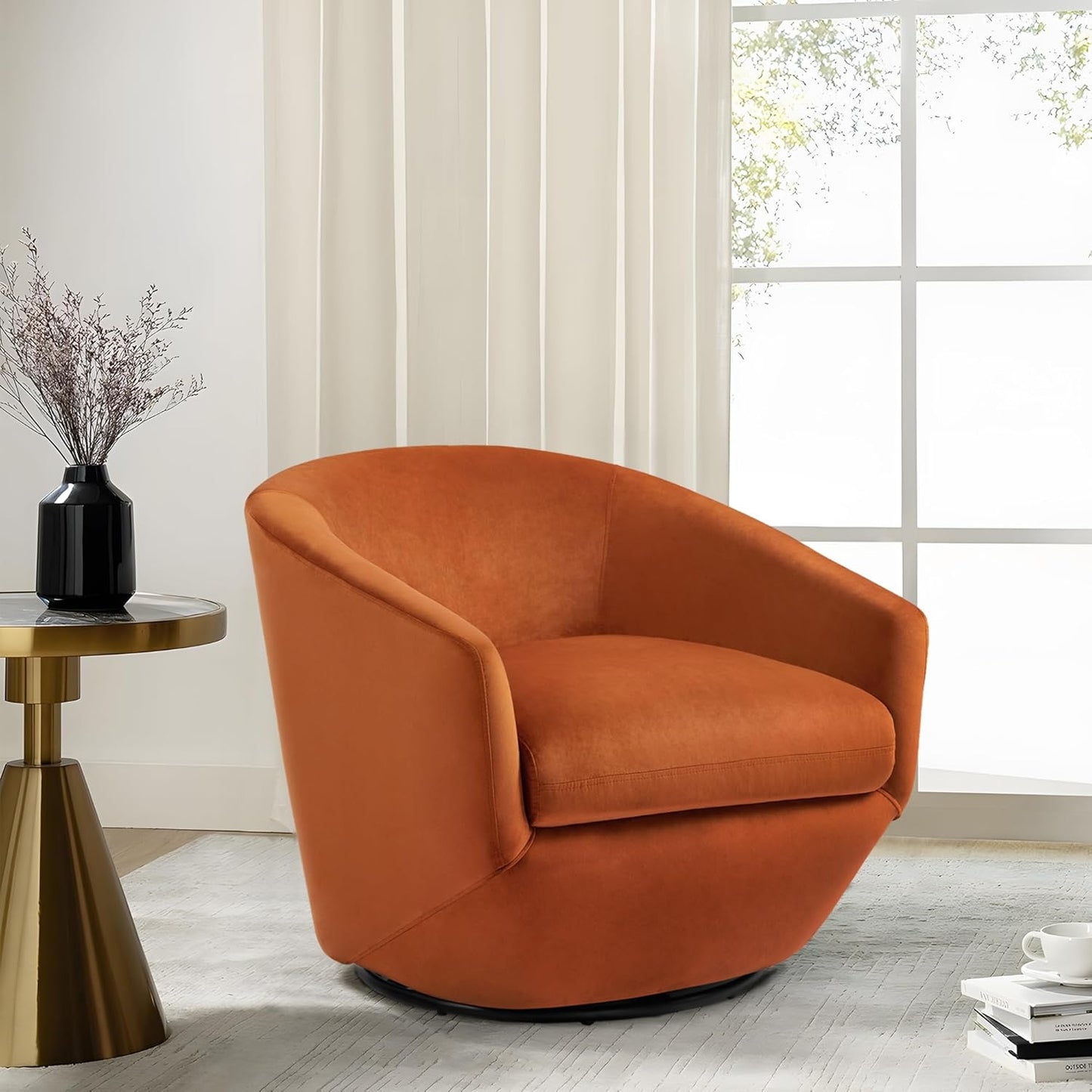 Swivel Barrel Chair, Modern Round PU Leather Accent Armchair for Living Room, Bedroom, Oversized Comfy Club Reading Chairs for Adults (Leather Red Brown, Set of 1)