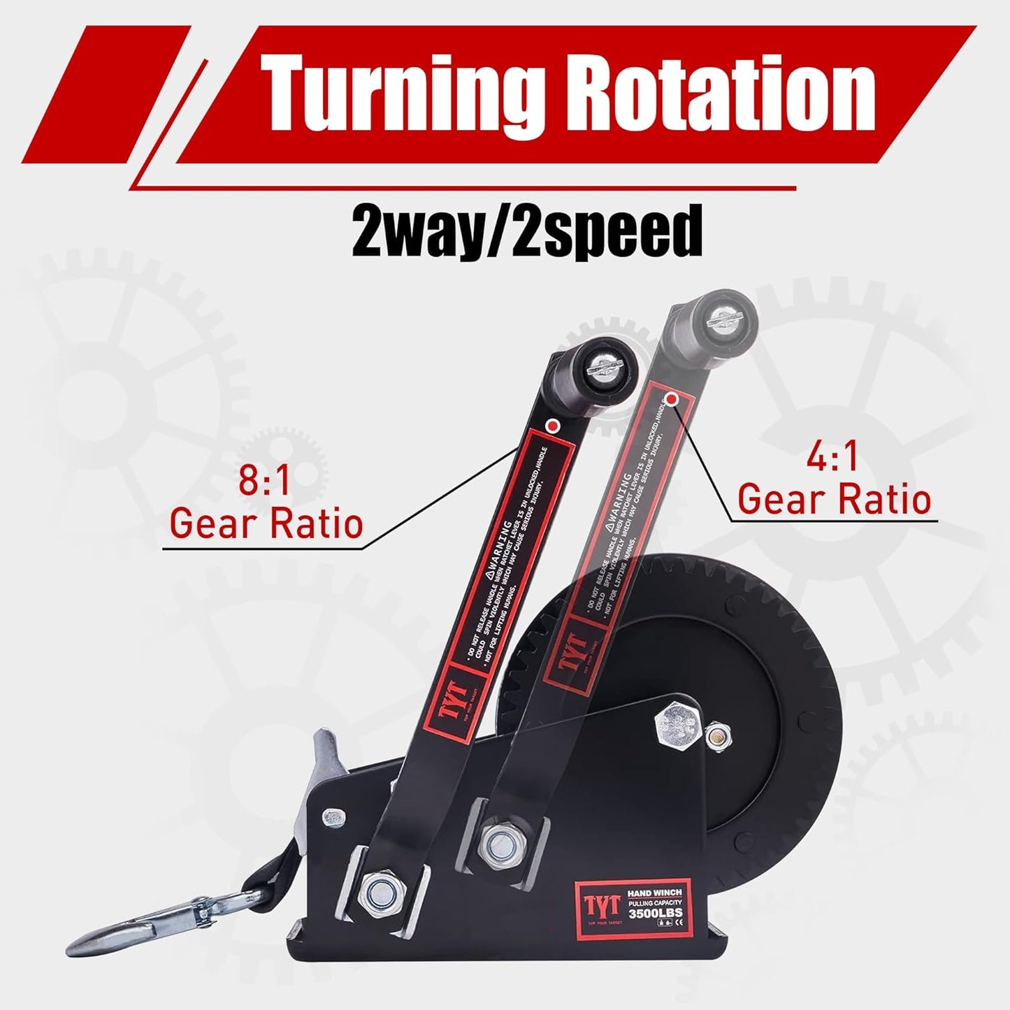 TYT 3500LB Boat Trailer Strap Winch with 10M Red Strap, Sturdy Long-Lasting Gear Hand Crank Winch, Operated Two Way Ratchet Manual Winches for Towing Pulley Boat Trailer Truck RV Jet Ski Marine Winch