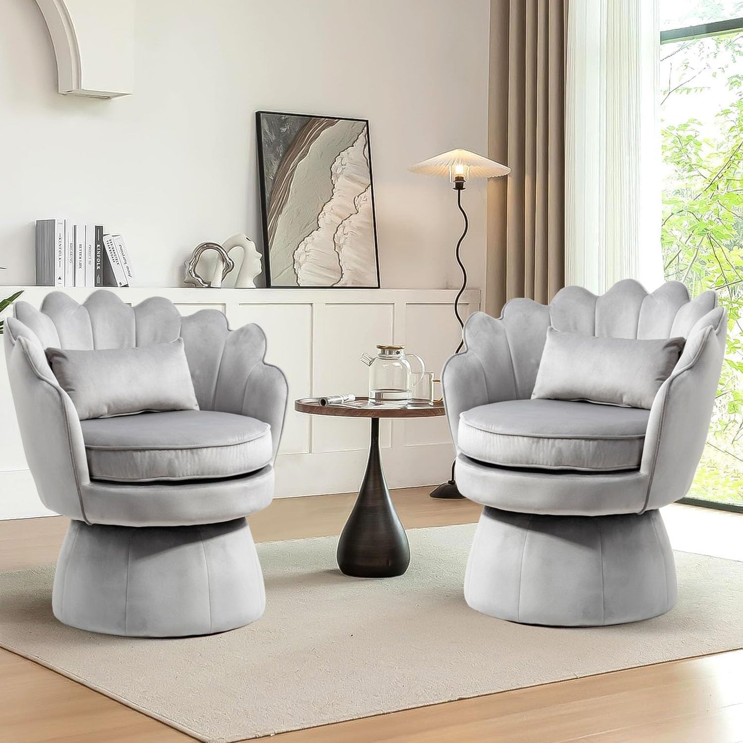 Swivel Barrel Chairs Set of 2, Small Accent Armchair, Navy Blue Velvet Upholstered, Mid-Century Modern Style, for Living Room/Bedroom/Waiting Room, for Relaxing & Reading, Pillow Included