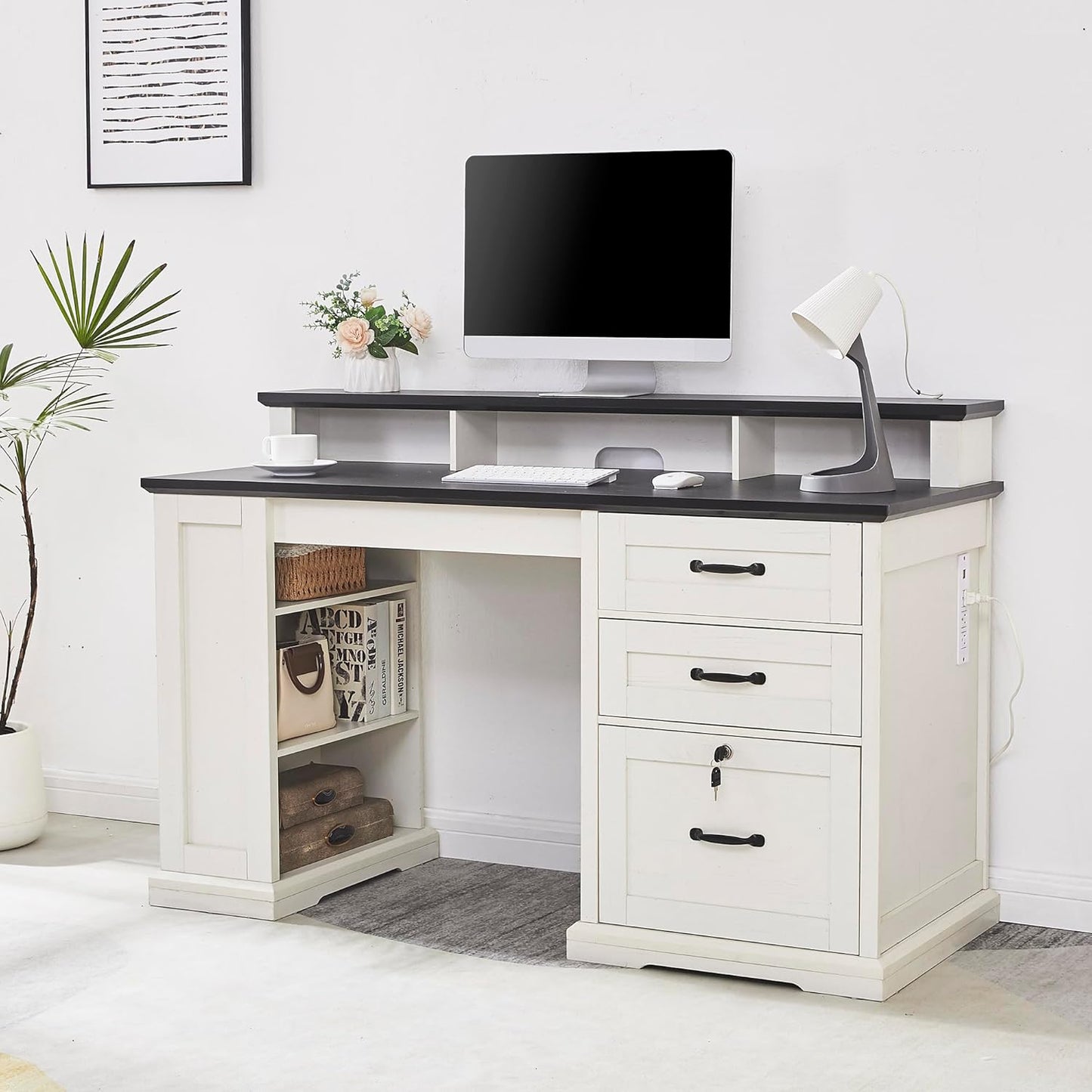 55" Farmhouse Executive Desk with Charging Station,Home Office Desk with 2 Drawers,Lockable File Cabinet and Side Bookshelf,Farmhouse Computer Desk with Monitor Stand