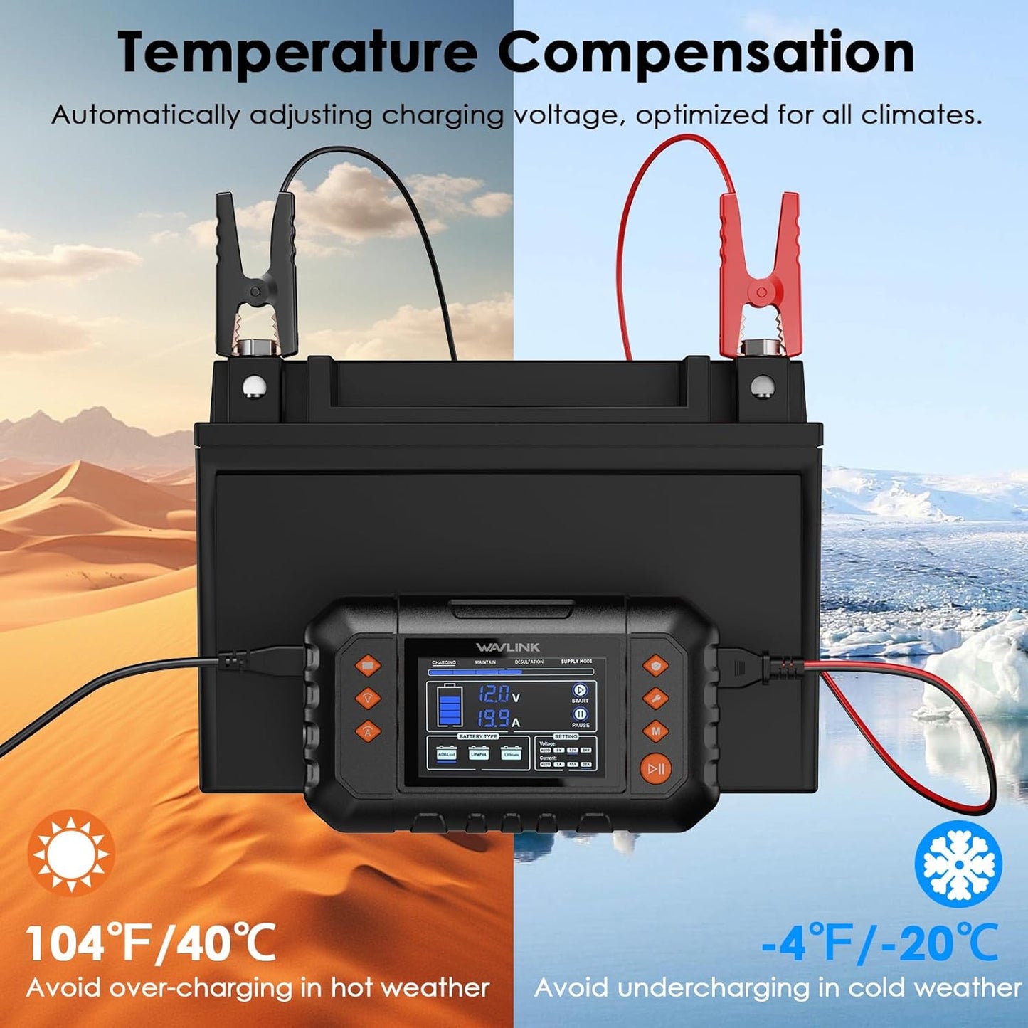 WAVLINK Smart Battery Charger, 20-Amp, Car Battery Charger with LCD Display, for 6V/12V/24V Lead-Acid/Lithium/LiFePO4 Batteries, Trickle Battery Maintainer and Desulfurizer for Car, Boat, Motorcycles