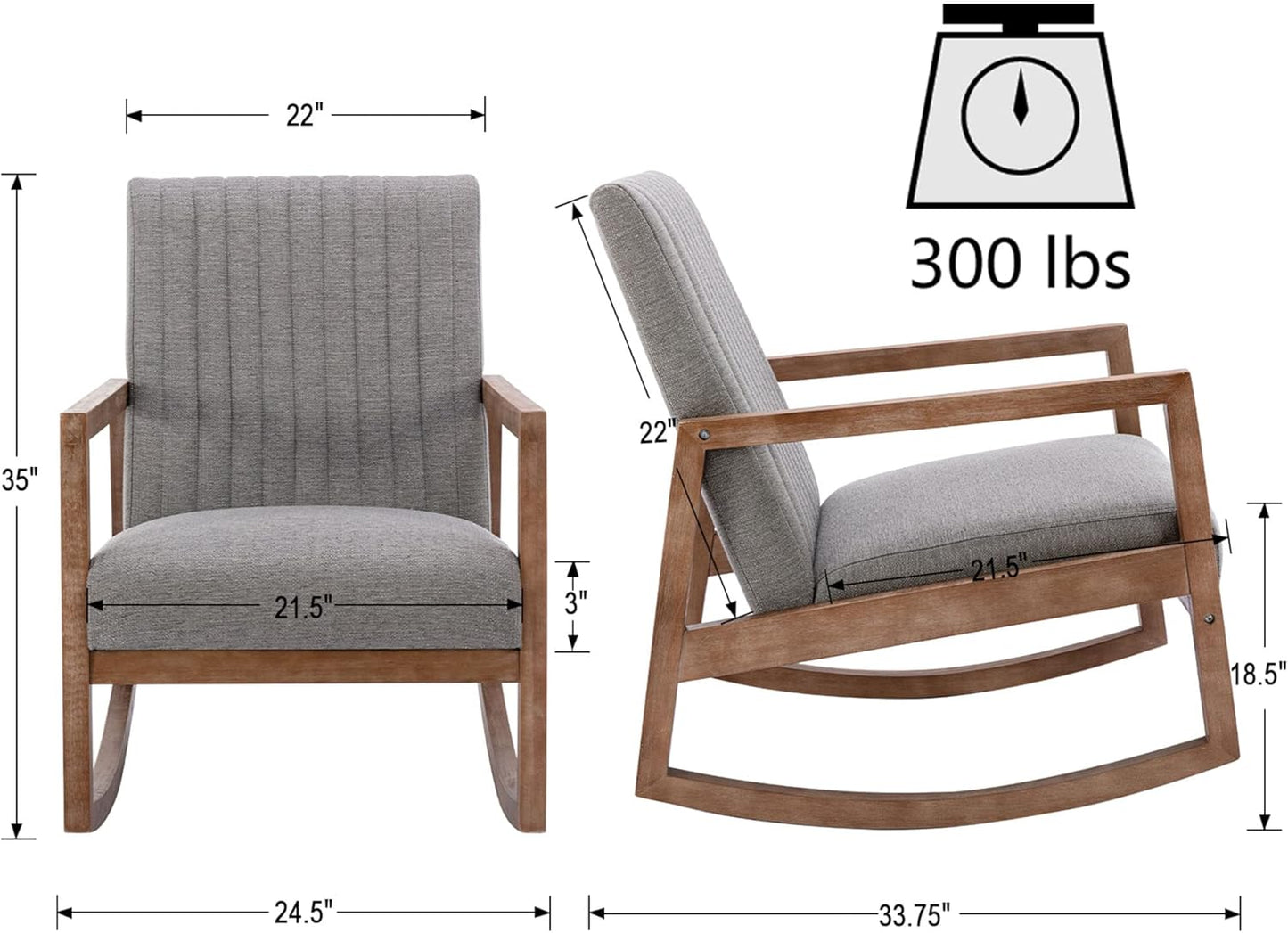 VESCASA Upholstered Linen Rocking Chairs with Channel-Tufted Back, Mid-Century Modern Comfy Rockers with Light Walnut Wood Frame for Nursery Living Room Bedroom Reading, Set of 2, Grey