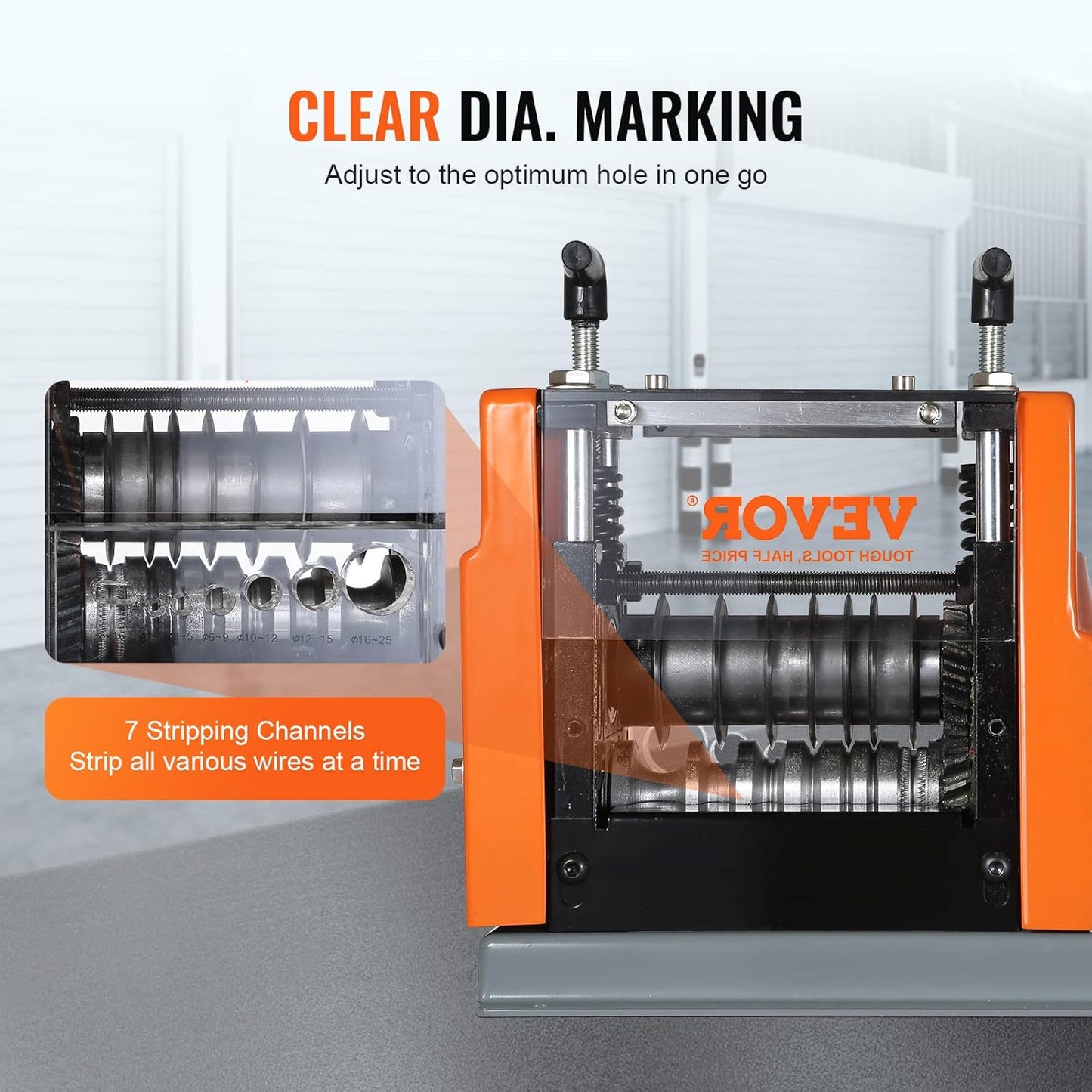 VEVOR Electric Wire Stripping Machine, 0.06''-0.98'' Automatic Wire Stripper Machine, 60 W, Wire Strip with Visible Stripping Depth Reference, 6 Round & 1 Flat Channels Electric Wire Stripper
