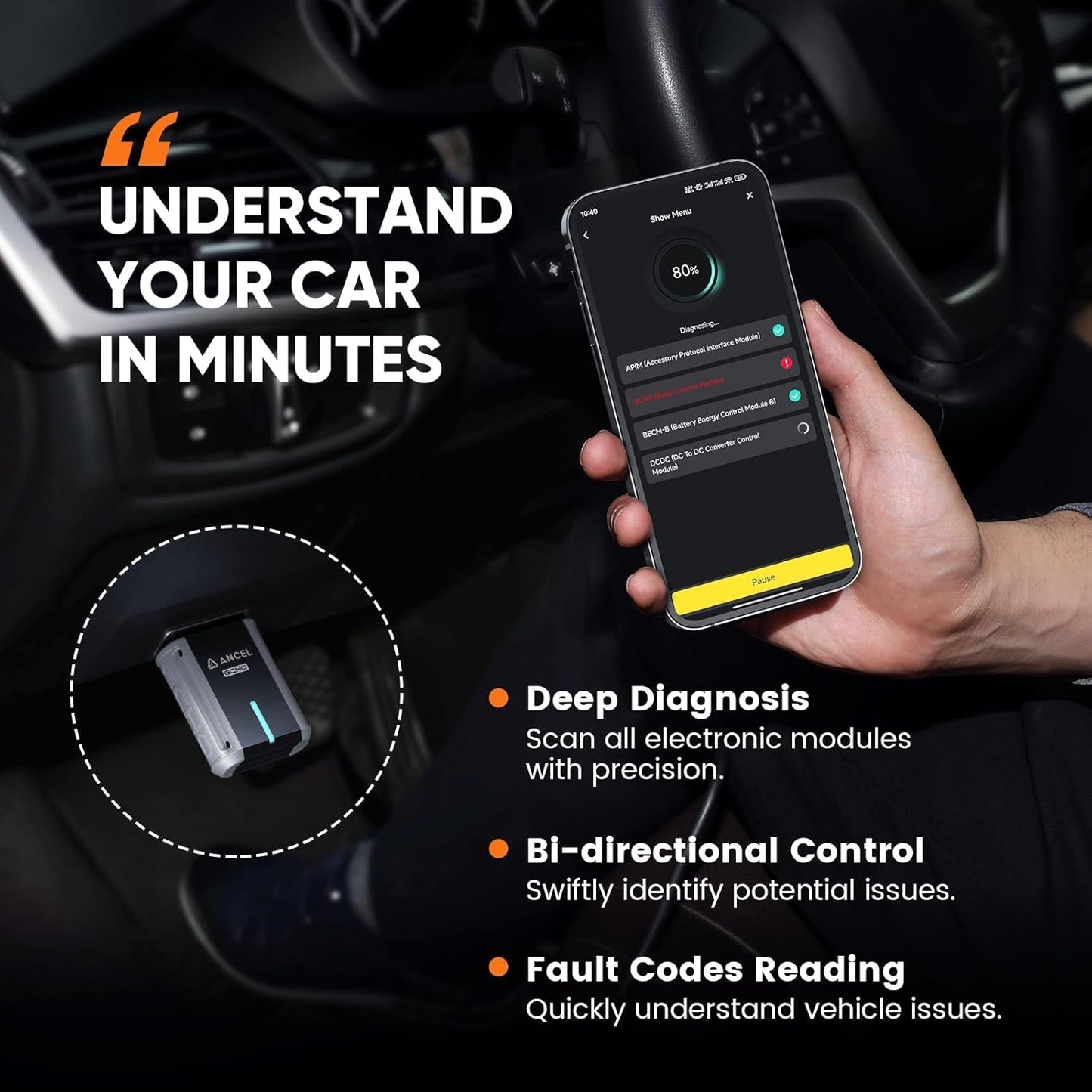 ANCEL Echo OBD2 Scanner Bluetooth - All Systems Code Reader, Car Diagnostic Tool for iOS Android, Vehicle Scanner for Oil Light & Brake Reset, Battery Registration - Bidirectional Scan Tool, Live Data