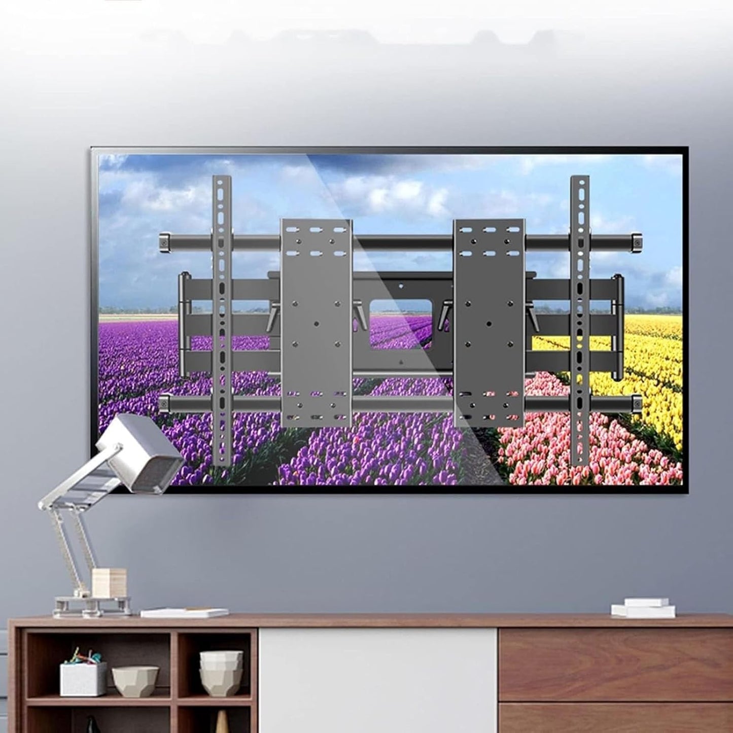 Adjustable TV Wall Mount Bracket Fits 70 120 Inch LCD TVs Dual Swivel Design Max VESA 1000x600mm Sturdy 6 Arm Support for Optimal Viewing Angle